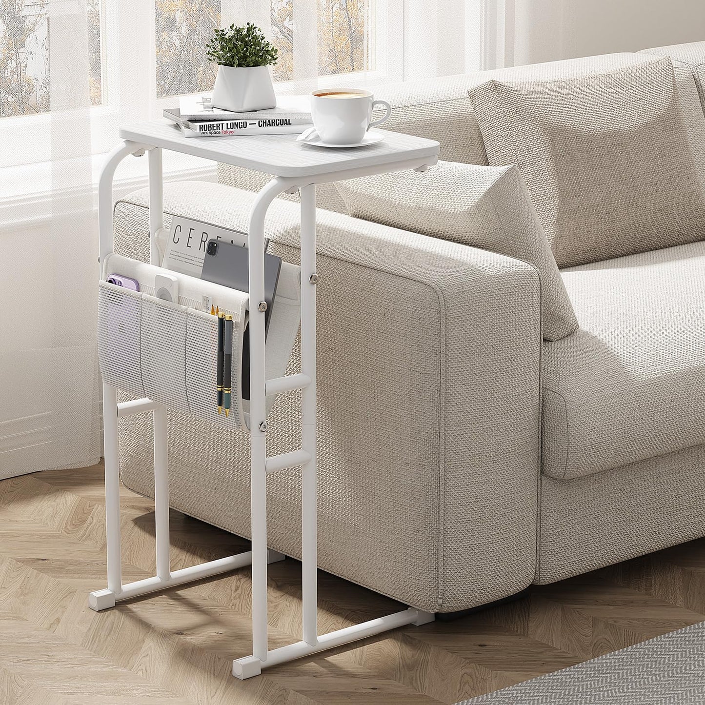 Olldide C-Shaped End Table with Storage Bag, Slide Under Couch Sofa Side Table, Metal Frame for Living Room, Bedroom, Bedside, Small Space (White)