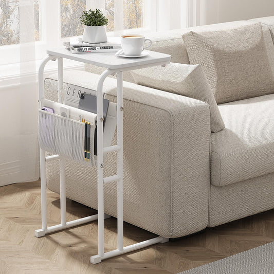 Olldide C-Shaped End Table with Storage Bag, Slide Under Couch Sofa Side Table, Metal Frame for Living Room, Bedroom, Bedside, Small Space (White)