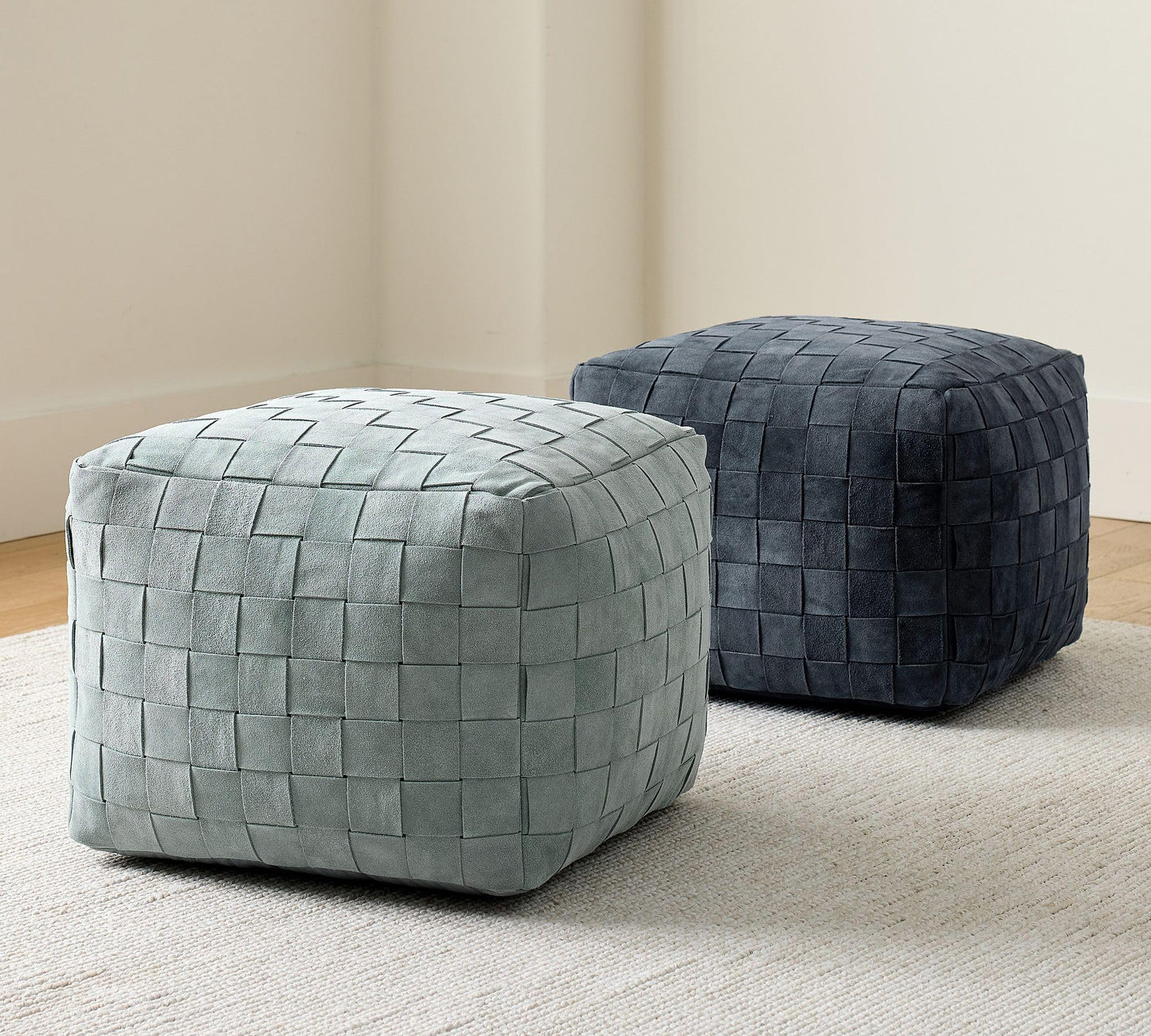 Luxury Handcrafted Suede Basketweave Pouf Ottoman – Soft & Durable Floor Cushion, Footrest, Accent Seating for Living Room, Bedroom, Office Stylish Modern Home Décor (Chambray, 18" x 18" x 14")