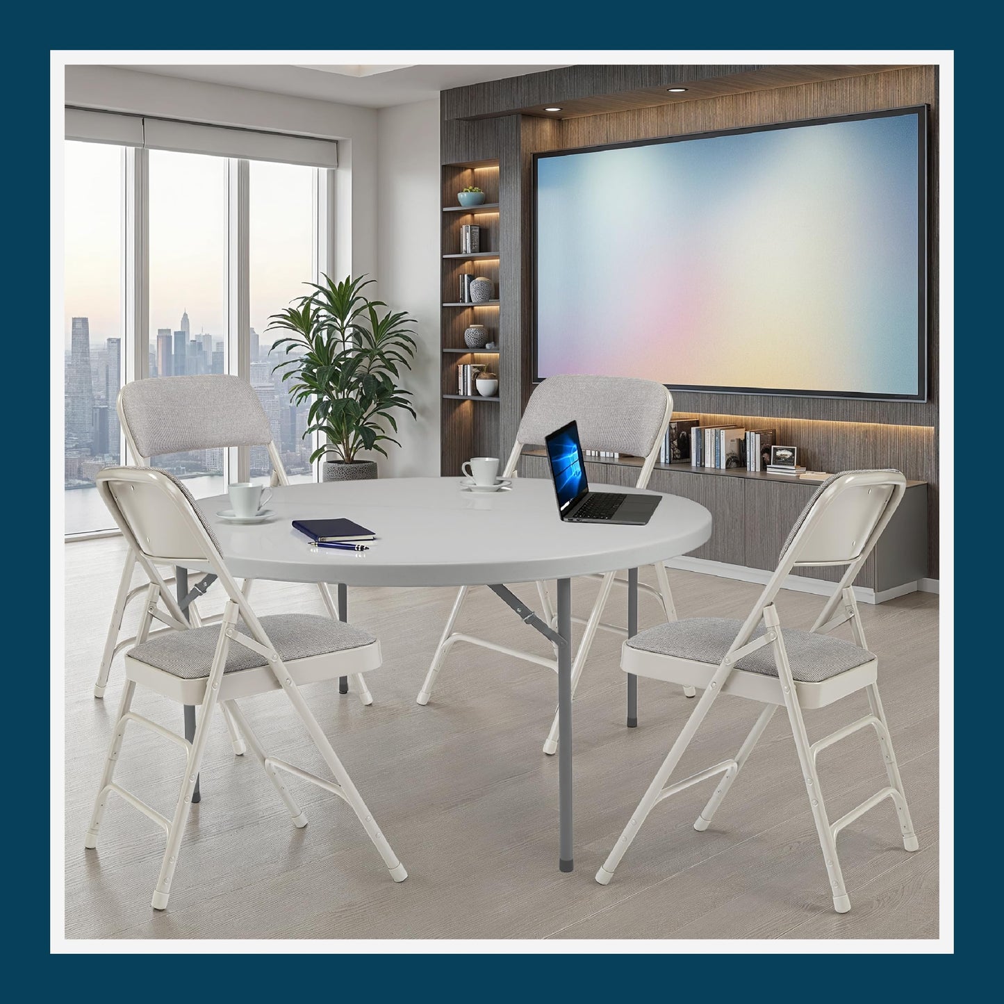 OEF Furnishings OEF2300 Series Heavy-Duty Premium Fabric Padded Upholstery Double-Hinged Triple-Braced Folding Chairs (4-Pack, Slate Gray)