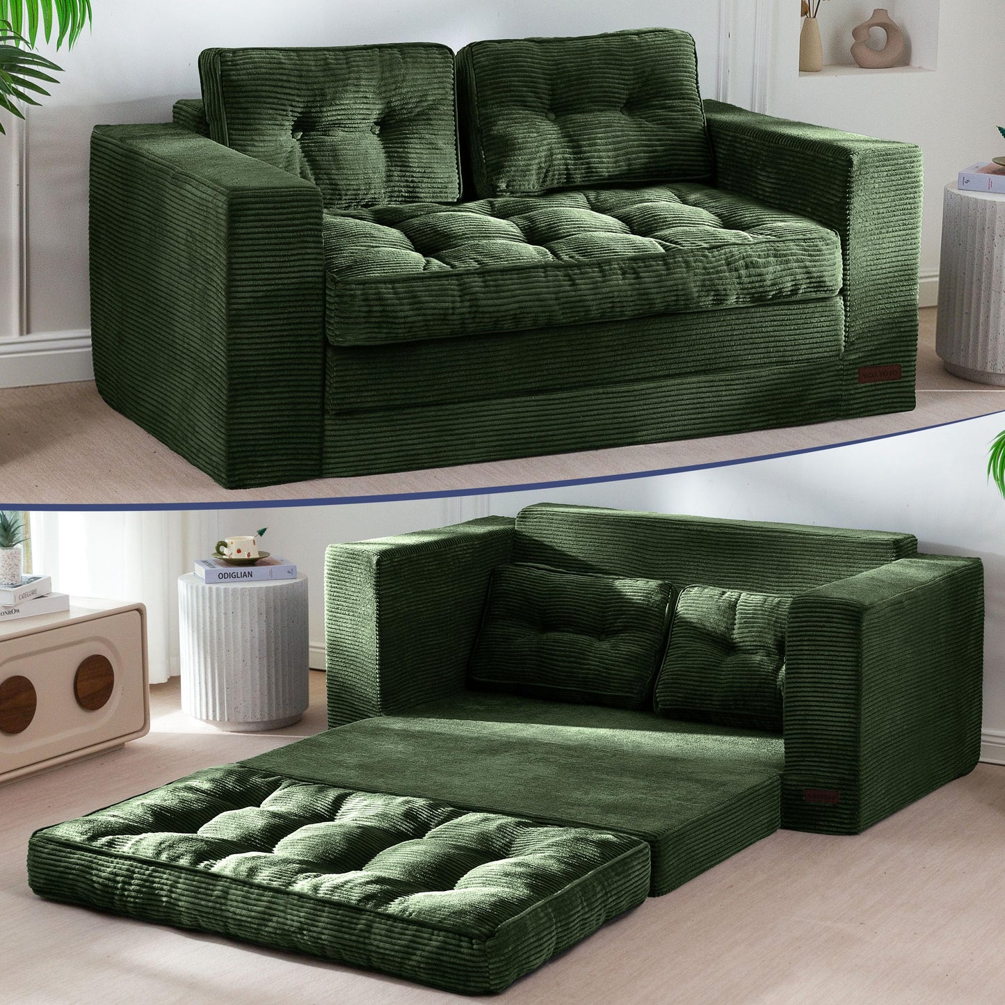 MAXYOYO Convertible Sofa Bed, Pull Out Loveseat Sofa Couch, 2 in 1 Folding Couch Bed, Fold Out Floor Couch with Pillows for Living Room Bedroom Lounge, Dark Green