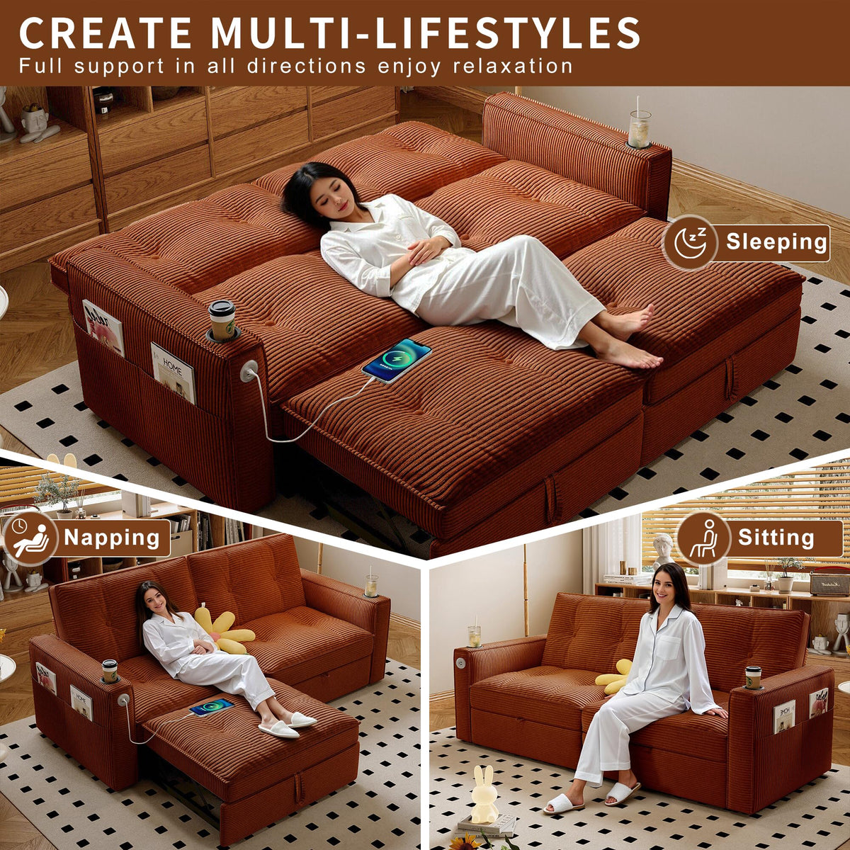 KEIKI Convertible Sofa Bed, 3 in 1 Pull Out Couch, 73" Pull Out Sofa Bed with Side Pocket for Living Room, Bedroom, Small Space, Orange