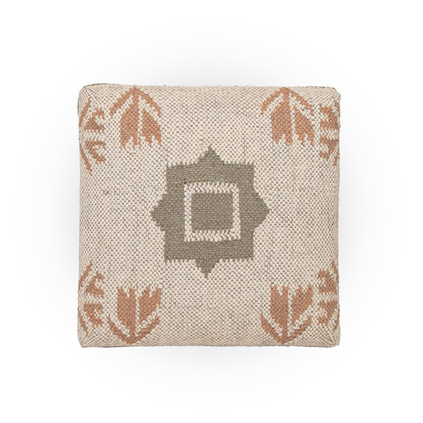 NATURAL FURNISH Handmade Jute Upholstered Ottoman Stool | Square Foot Rest with Wooden Legs | Decorative Accent Seating for Bedroom, Living Room, Entryway, Vanity & Hallway (Beige-Green)