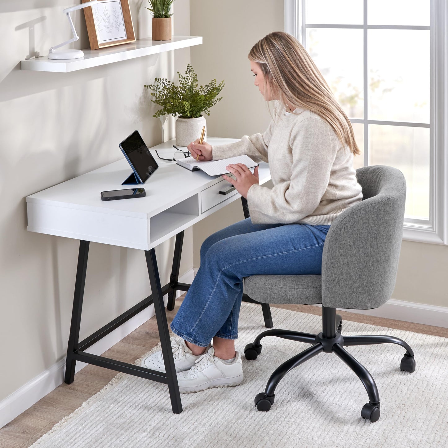 Bush Home Armless Desk Chair for Home Office, Adjustable Seating with Wheels and Swivel Base, Pembroke Collection, Warm Gray Fabric Upholstery
