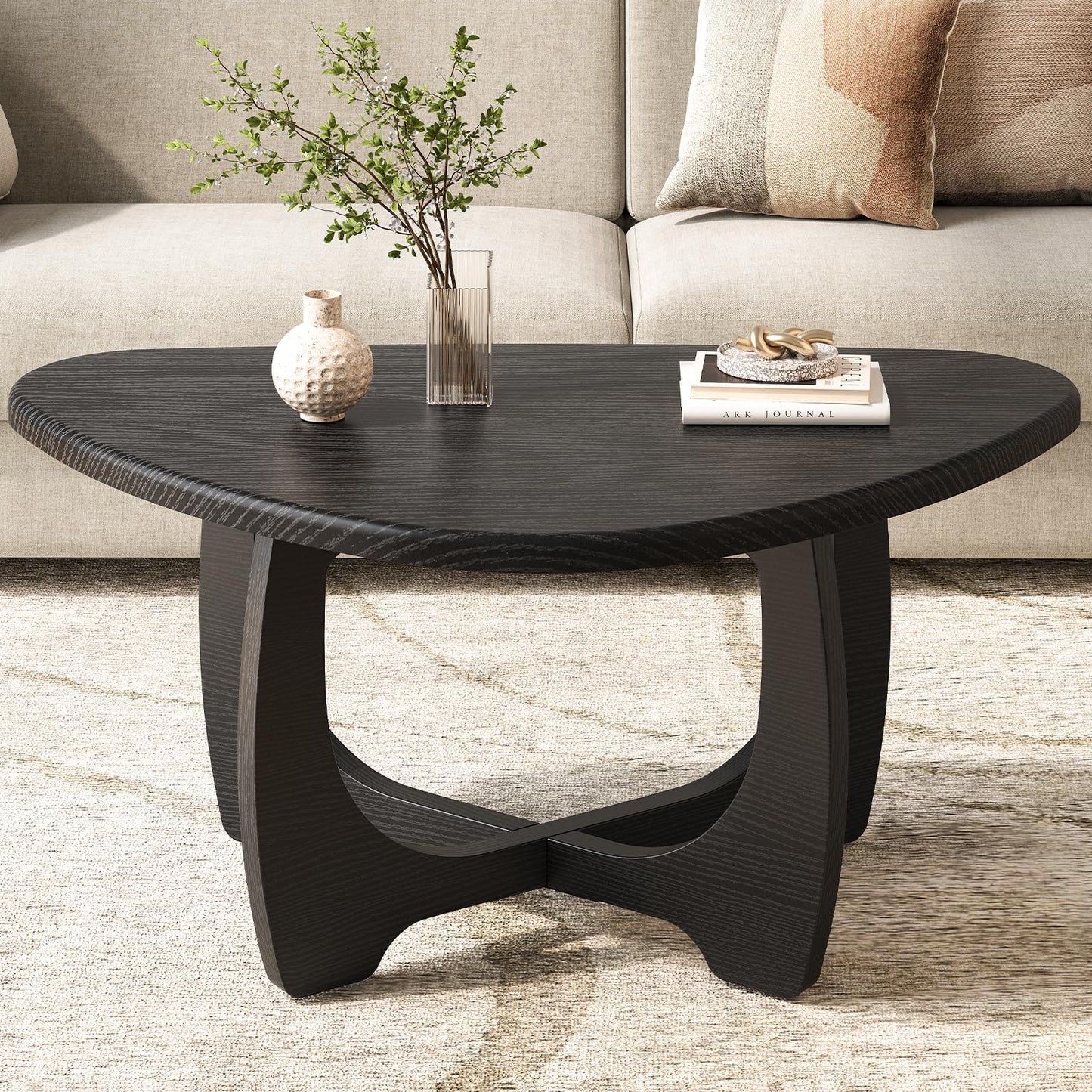 Curlaky Coffee Table for Living Room - Mid Century Modern Coffee Tables with Triangle Top, Unique Small Round Coffee Table, Wood Oval Tea Table with Solid Legs for Bedroom, 35.8"x 22.5" x 16.2" Black