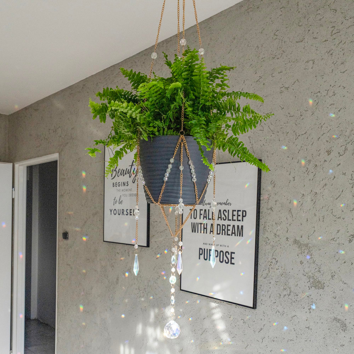 Sun Catcher Plant Hanger with Beads and Glass Crystal Ball Suncatcher.
