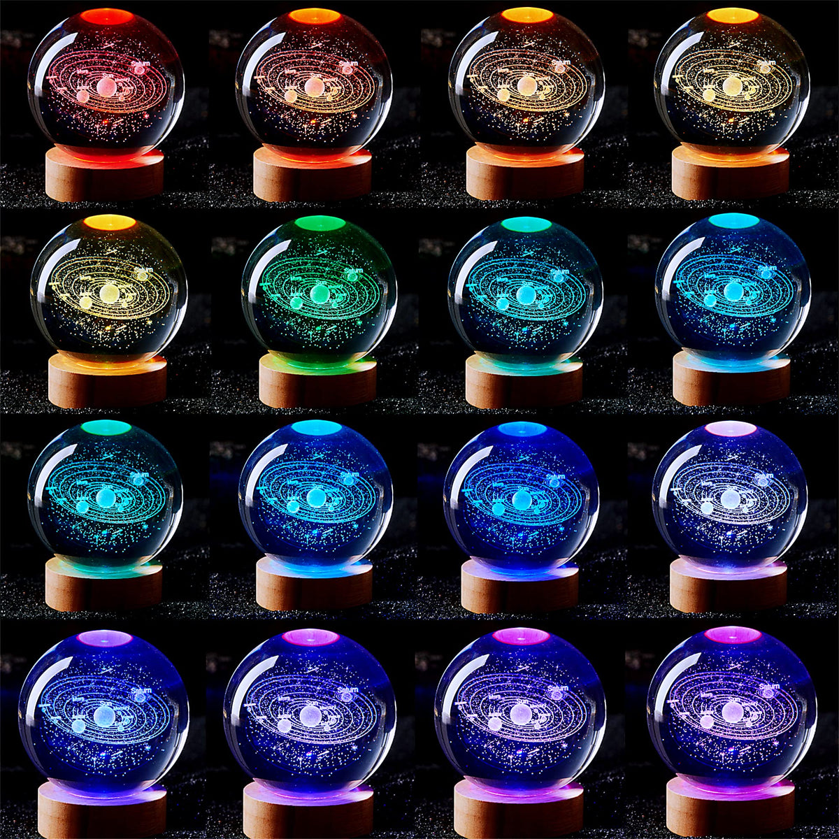 Conalisk 3D Solar System Crystal Ball Lamp,3.15 Inch K9 Crystal Ball Night Light with Wooden Base,16 Colors Changing with Remote Control,3D Planet Laser Engraving Holographic Light (Solar System)