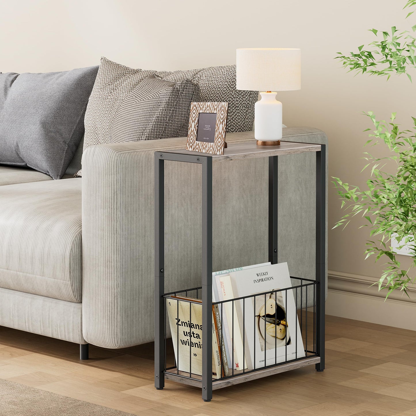 Homleke Narrow Side Table with Magazine Holder, Skinny End Table Perfect for Small Spaces, Space-Saving Design for Living Room, Bedroom, or Office, 7.1" D x 16.9" W x 23.6" H, Greige