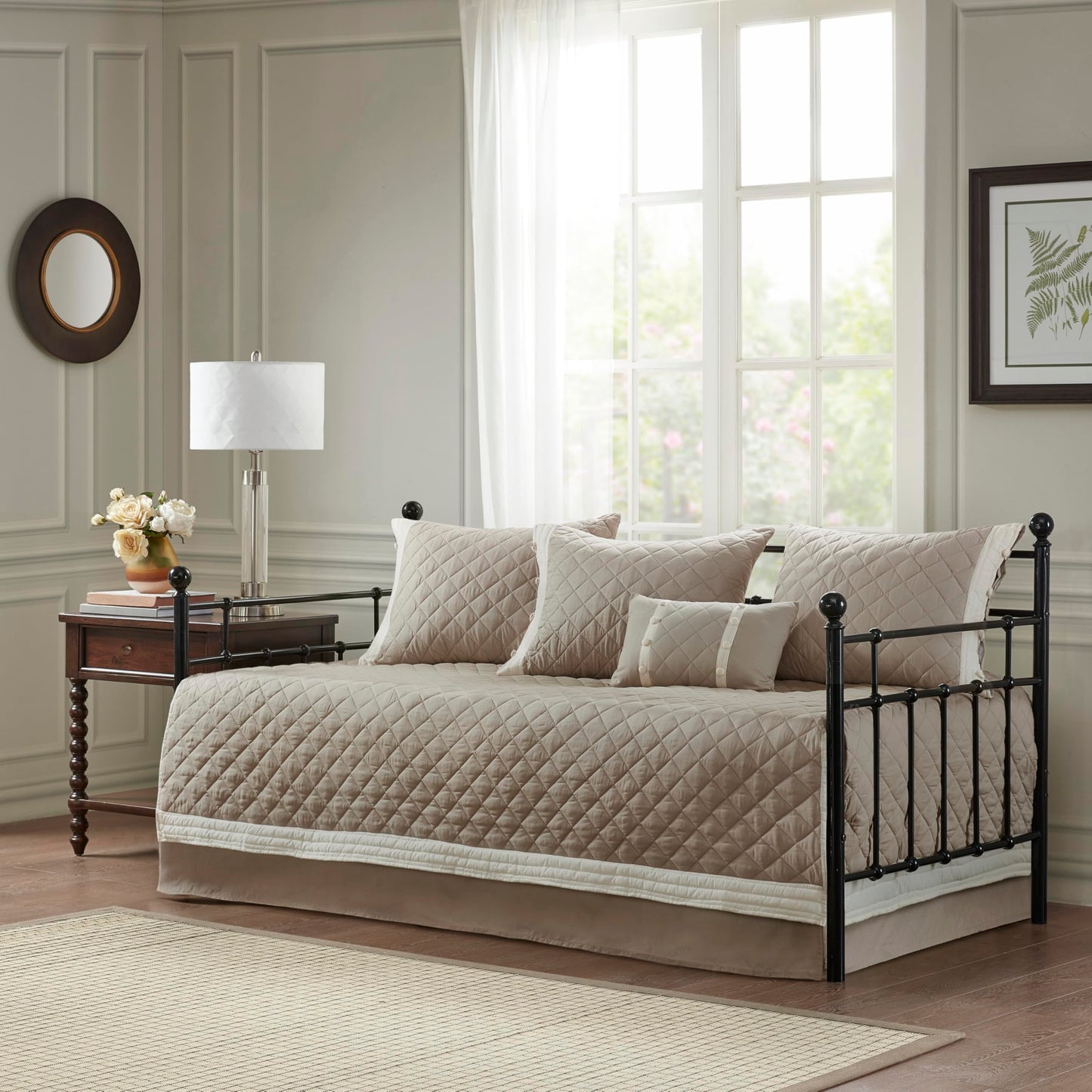 Madison Park 100% Cotton Daybed Cover Set - Trendy Design, All Season Luxury Bedding with Bedskirt, Matching Shams, Decorative Pillow, Diamond Quilted, Khaki 75"x39" 6 Piece