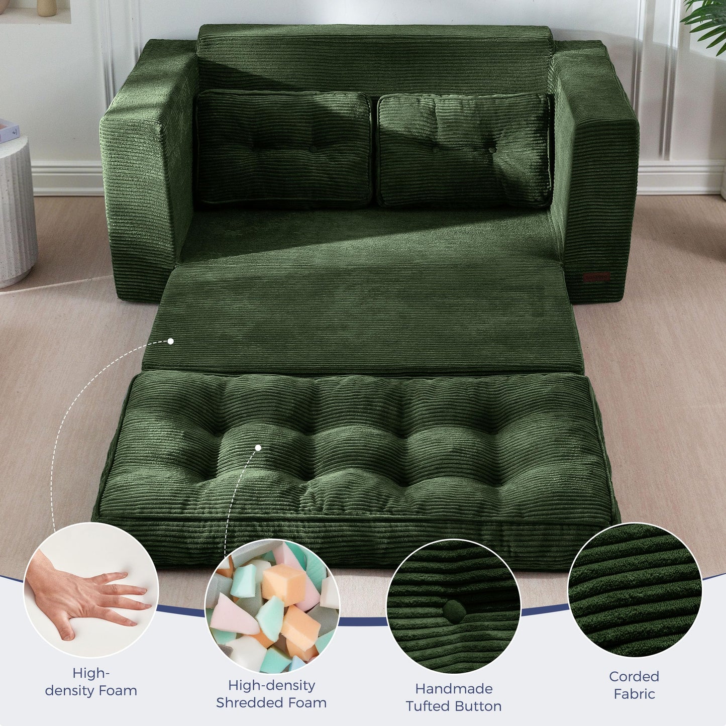 MAXYOYO Convertible Sofa Bed, Pull Out Loveseat Sofa Couch, 2 in 1 Folding Couch Bed, Fold Out Floor Couch with Pillows for Living Room Bedroom Lounge, Dark Green