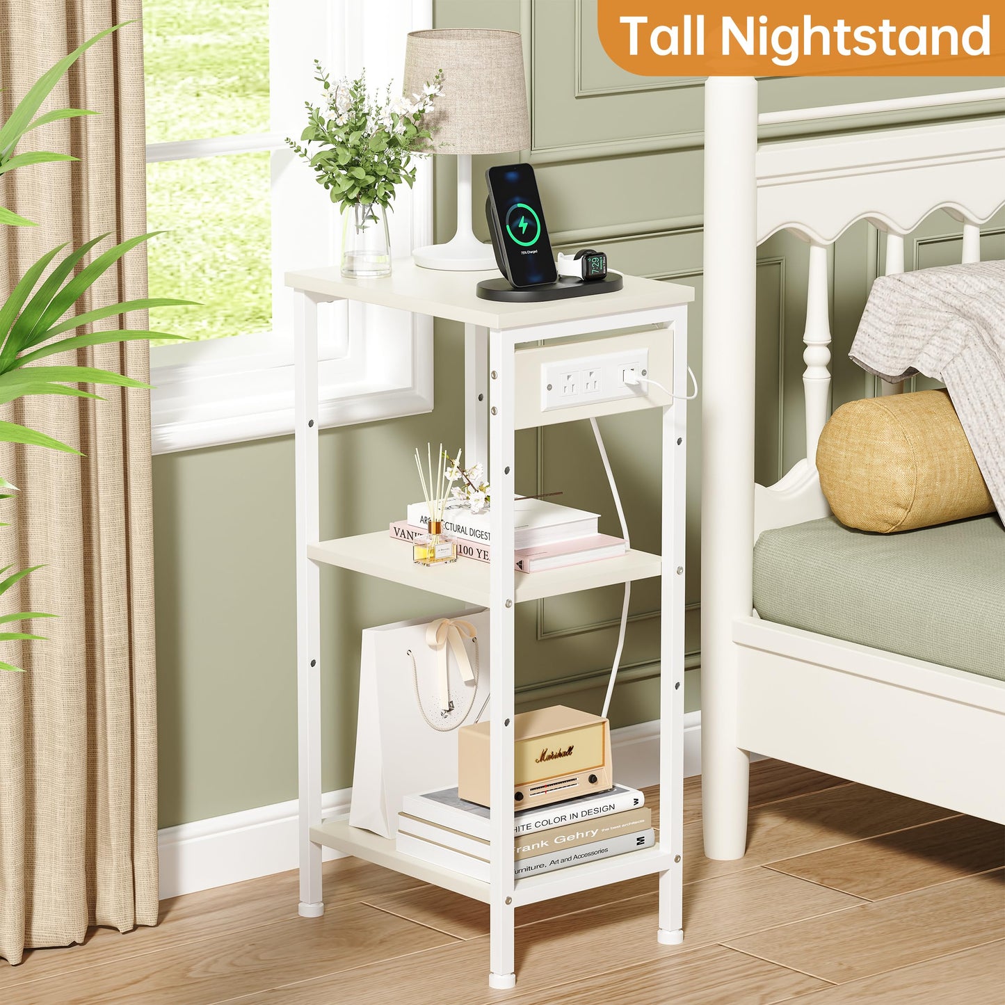 Asgolion Tall End Table with Charging Station, 3 Tier Narrow Tall Nightstand with Storage, Slim Side Table for Bedroom, Living Room, Nursery, Office, Cream White