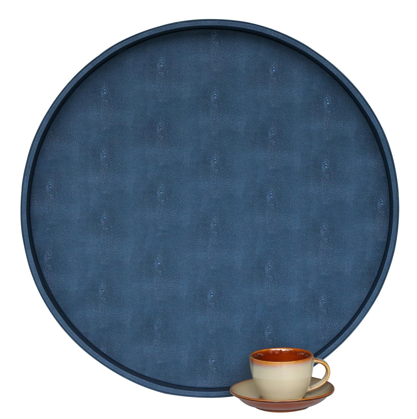 HofferRuffer Large Round Serving Tray 24'', Elegant Faux Leather Circle Ottoman Table Tray, Serve Tea Coffee Breakfast in Bedroom Living Room Kitchen (Blue)