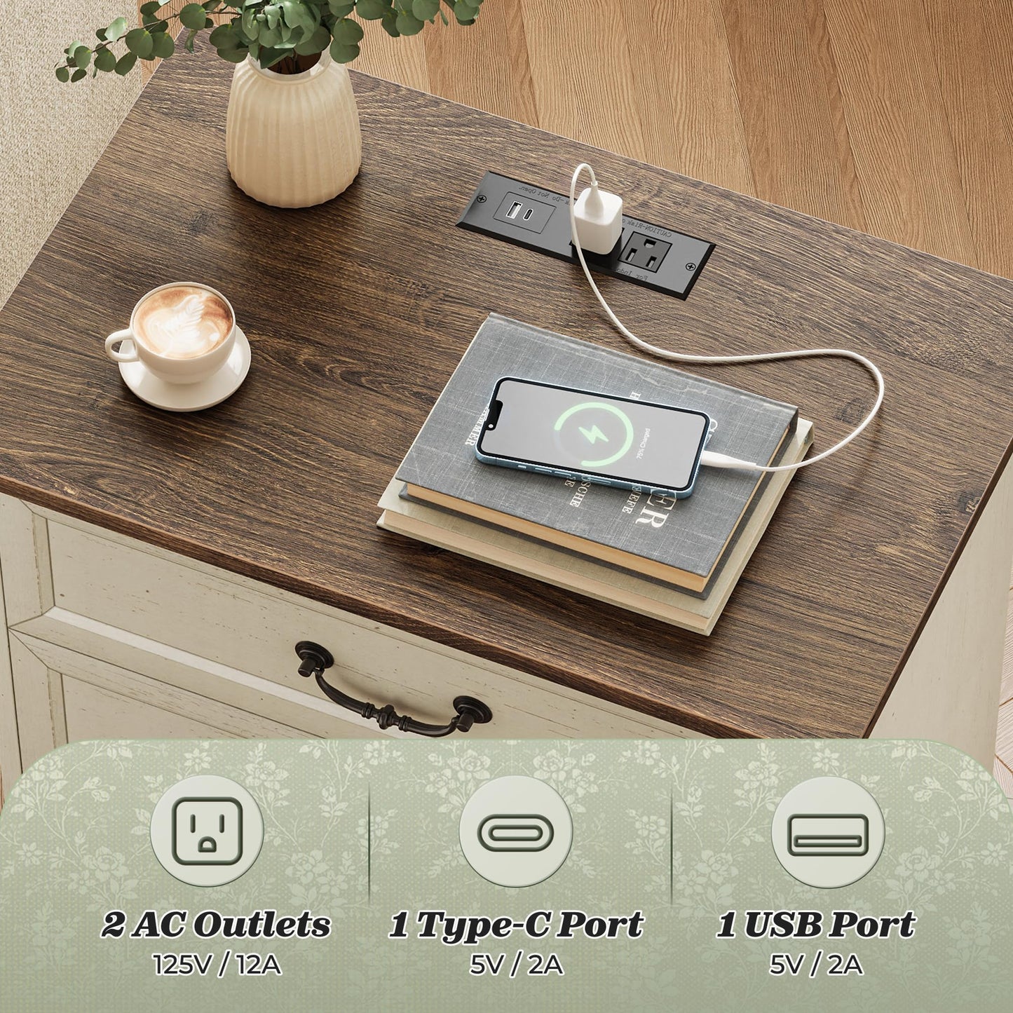 Huuger Nightstand with Charging Station, 3 Drawer Night Stand Set of 2, 22 Inch Wider Side Table with Storage, Farmhouse Nightstand with Vintage Handles, Thicken Base, for Bedroom, Distressed White