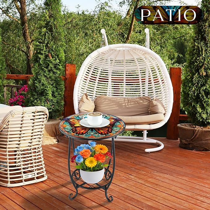 Cinnvoice Outdoor Side Table Round Small Mosaic Patio Accent Indoor End Plant