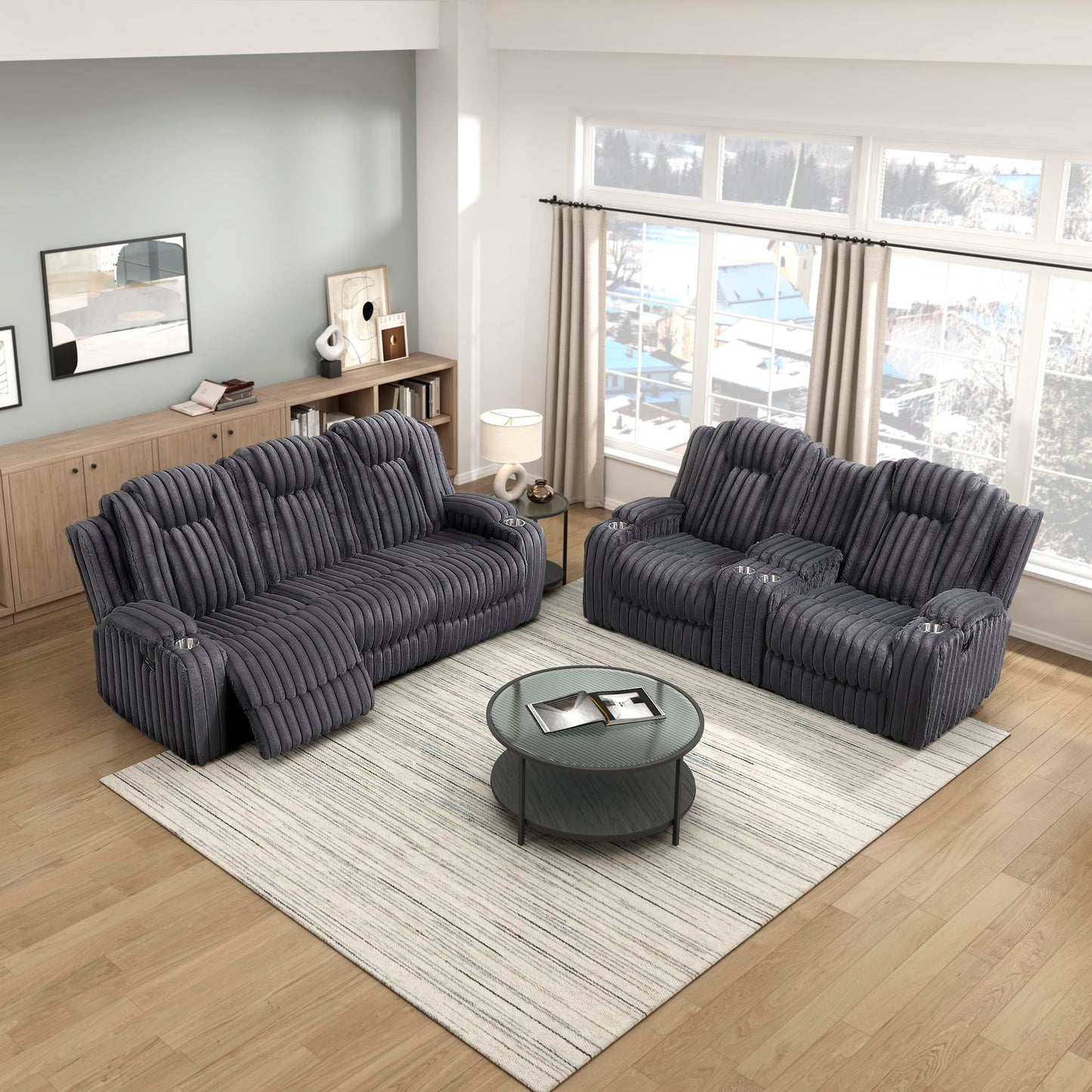 Lexicon 2 Piece Living Room Furniture Sets, Corduroy Manual Reclining Sofa Set, Cup Holders, Padded Armrests, Wall Hugger Double Reclining Sofa, Loveseat, 2 Pieces, Dark Gray