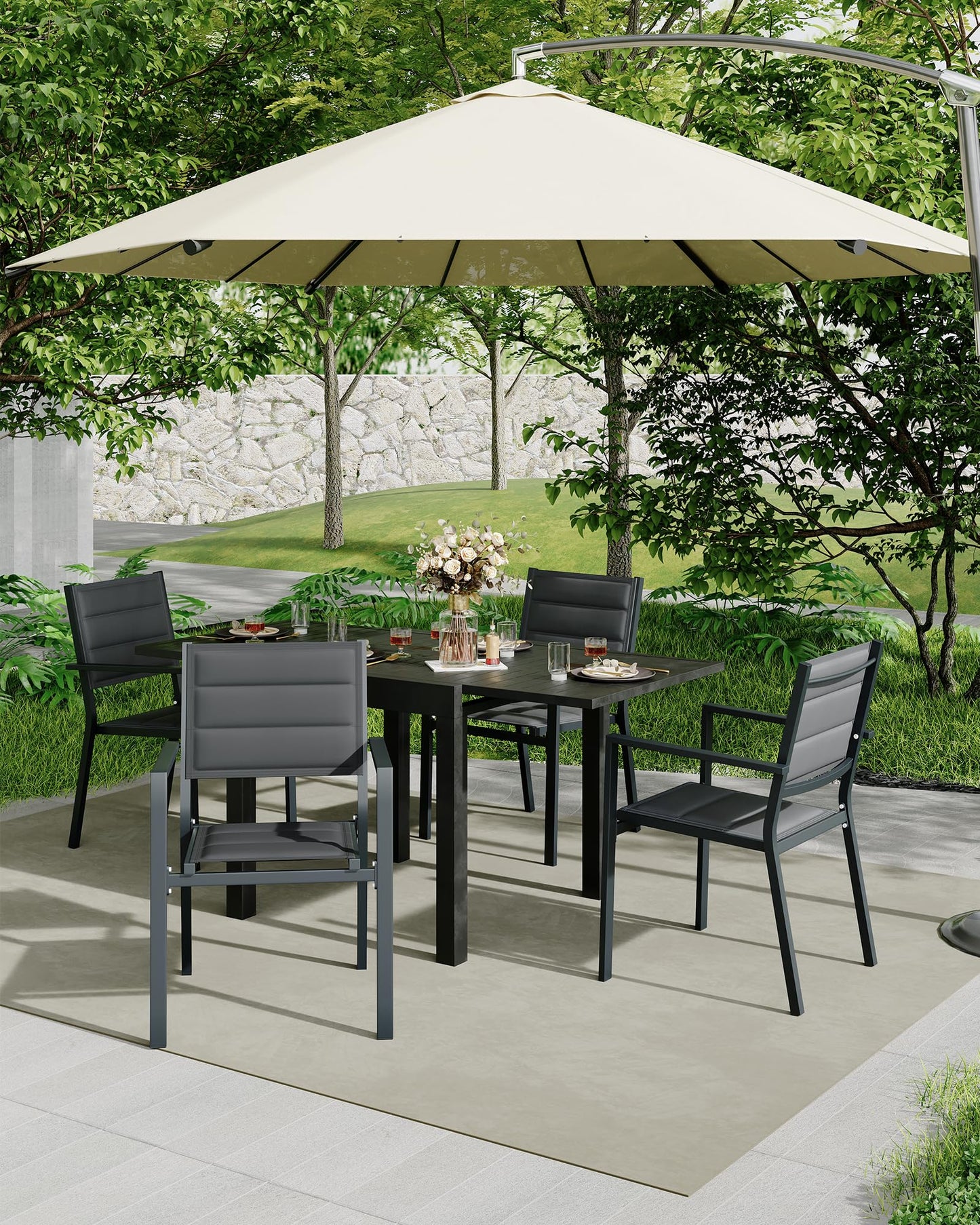 4 Piece Aluminum Patio Stackable Dining Chairs Set, Outdoor Metal Lightweight Stacking Dining Chair with Textilene Fabric, for Backyard Lawn Deck Poolside Porch Bistro, Dark Grey