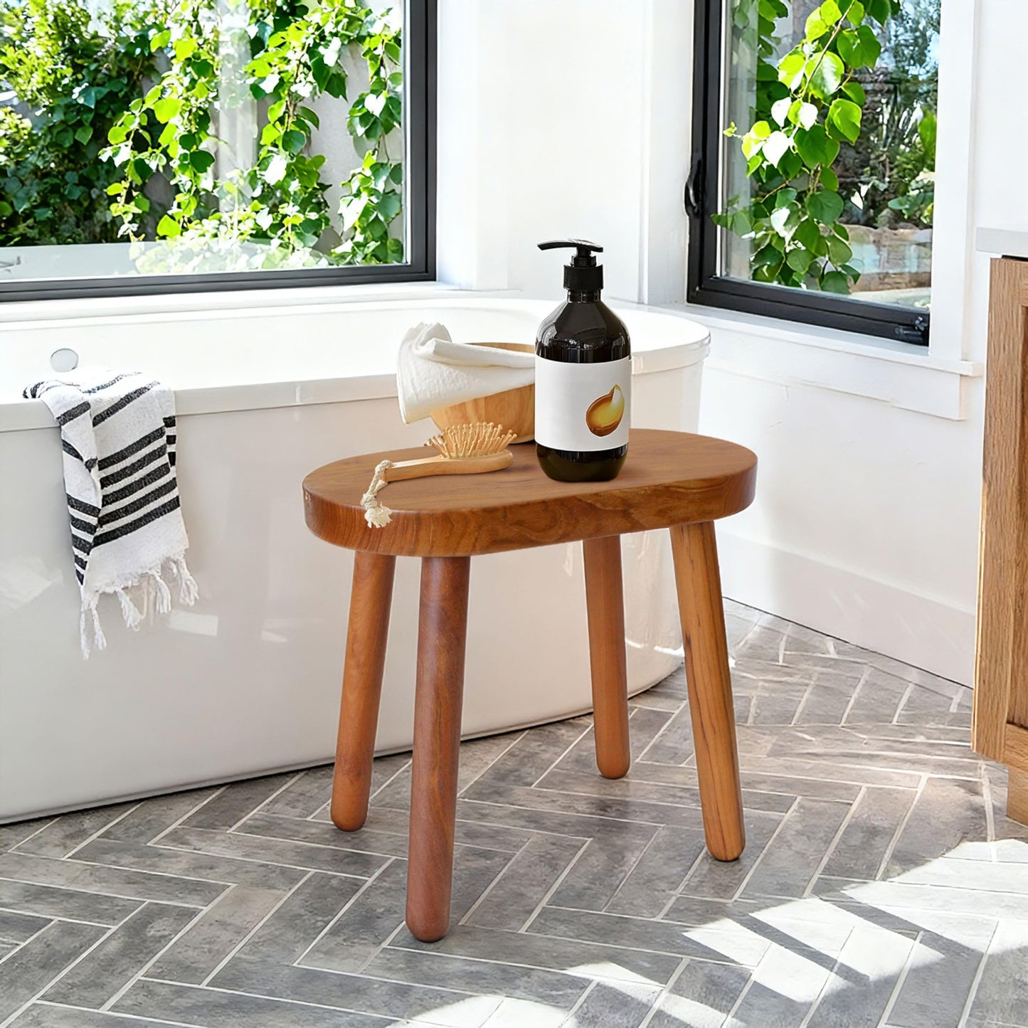 JOLLYMER Teak Stool Solid Wood Indoor Outdoor Shower/Bath/Spa Handmake Teak Bench
