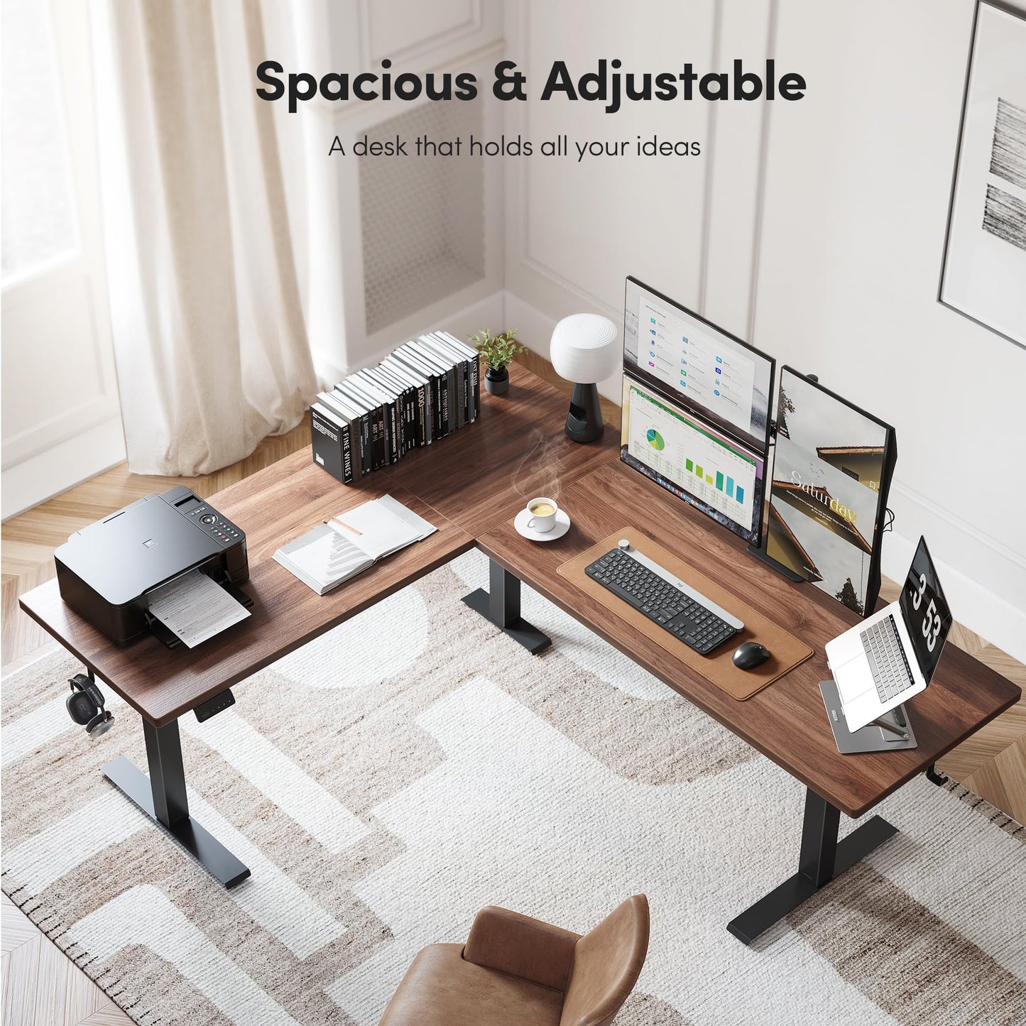 FEZIBO 63" x 55"L Shaped Standing Desk Adjustable Height, 63 Inch Electric Stand up Corner Computer Desk, Sit Stand Home Office Desk with Splice Board, Black Frame/Black Walnut Top