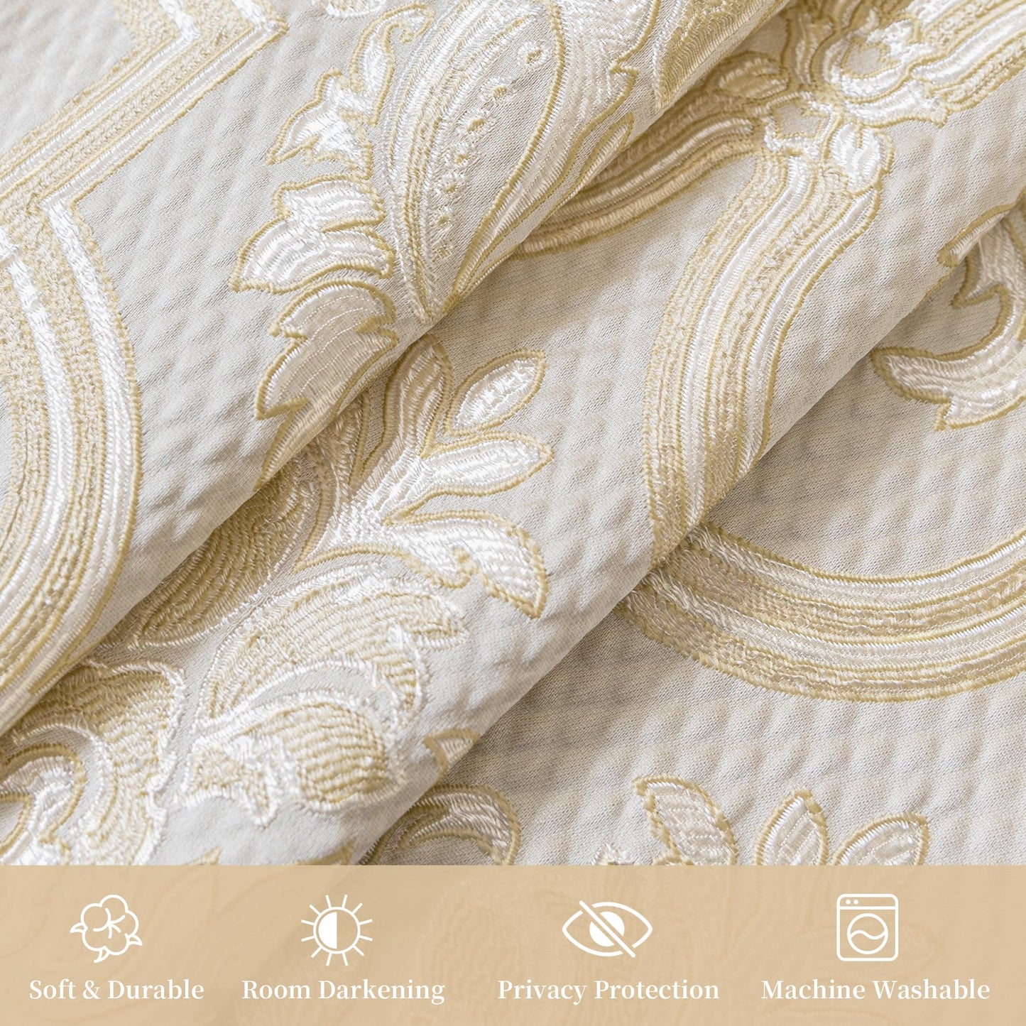 Loom and Mill Elegant Damask Curtains for Bedroom, Textured Lined Jacquard Curtains 2 Panels with Tiebacks, Beige Gold Floral Window Curtain for Living Room Banquet, Rod Pocket(52”x84”, 2 Panels)