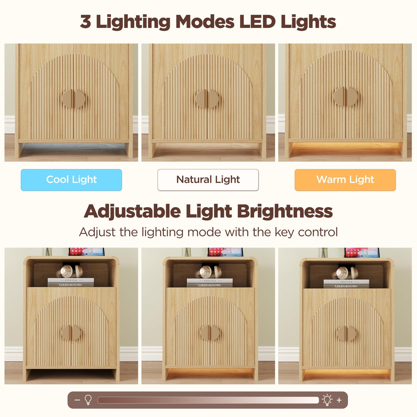 Nightstand with Charging Station and LED Lights, Night Stands with Adjustable Storage Cabinet, Modern Side Table with Fluted Doors and Open Storage, Bedside Table for Bedroom, Natural