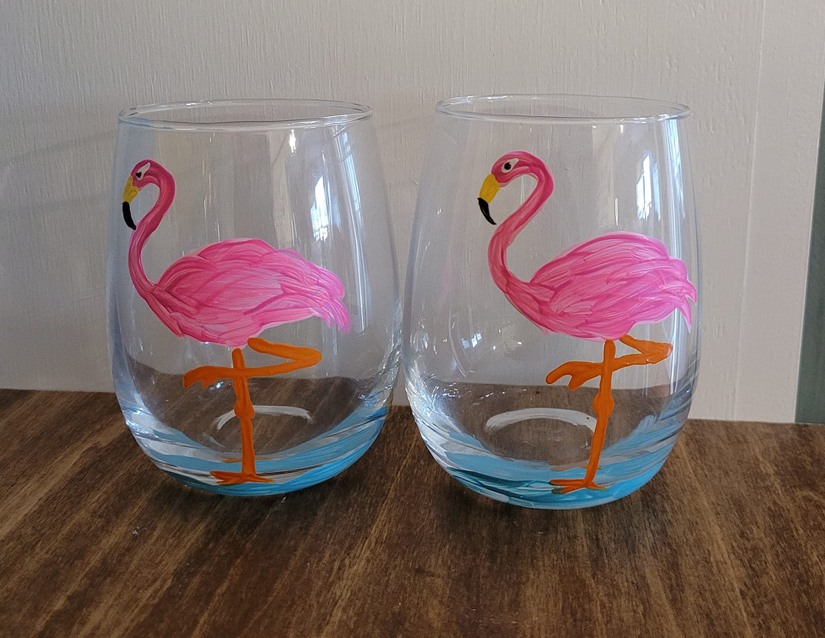 Pink Flamingo Hand Painted Stemmless Wine Glasses Set of 2 Tropical Home Decor