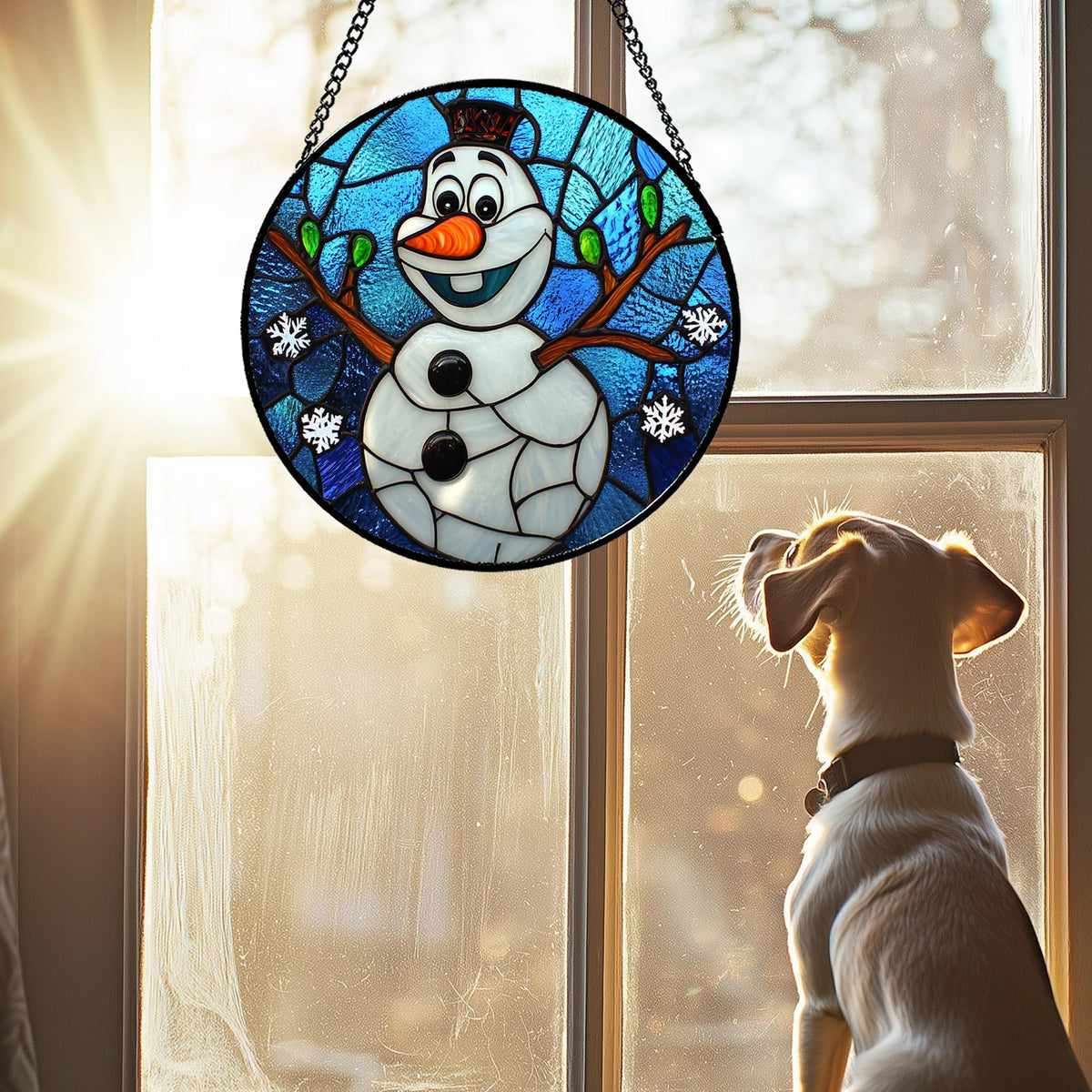 JOSUMALY Stained Glass Window Hanging Christmas Funny Snowman 15" - Suncatcher Door Garden Blue White Snowflakes Sun Catcher New Year Birthday for Friend Mom Men Woman Nana