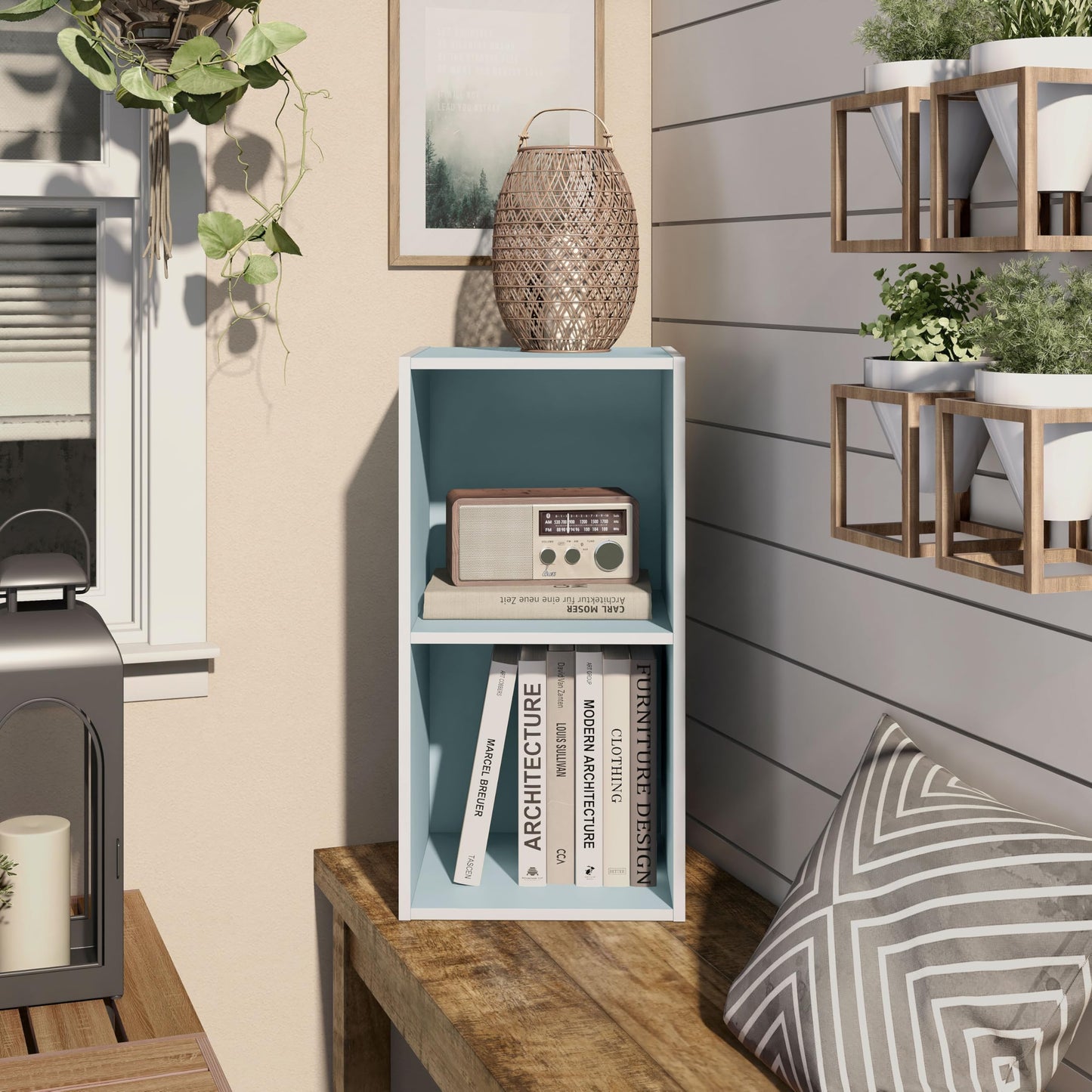 Homes: Inside + Out Apexa 2-Cube Storage Organizer Shelves, Stackable Wood Bookcase Fits Cubby Bins for Organization, Dorm Teen Room Decor & Home Office, Light Blue