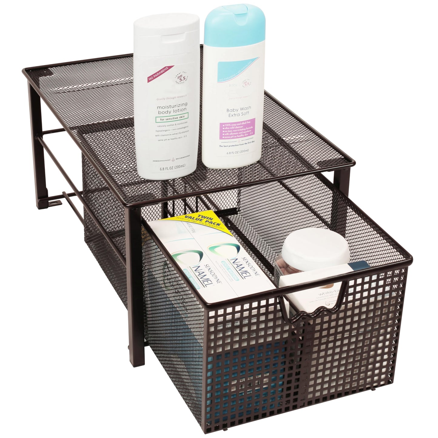 Deco Brothers Stackable Pull Out Cabinet Sliding Basket with Dividers, Large, Bronze