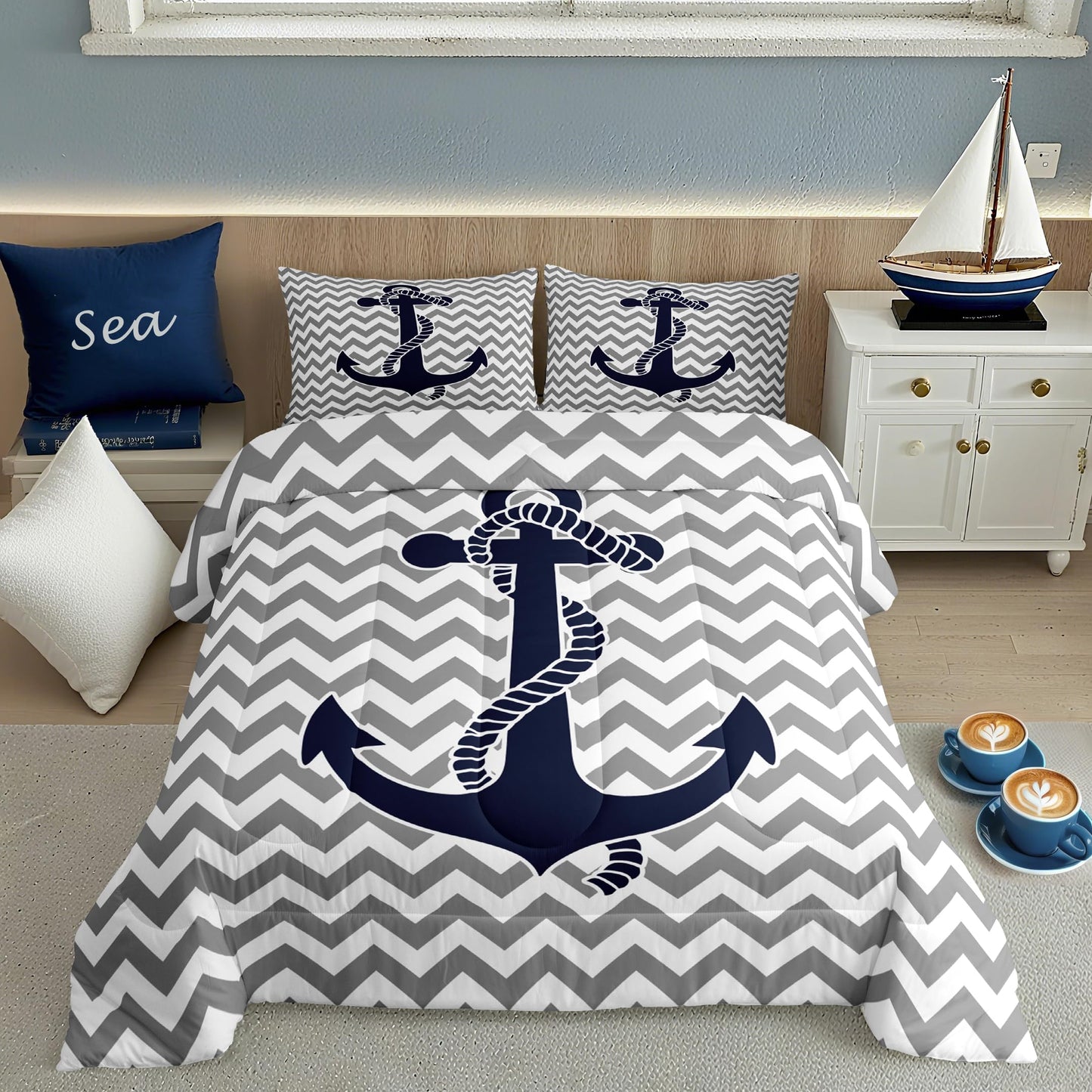 Castle Fairy Nautical Anchor Comforter Set Twin Size,Geometric Gray Stripe Bedding Set 2pcs for Kids Teens Adults Room Decor,Ocean Adventure Themed Quilt Set Modern Abstract Duvet Insert,1 Pillowcase