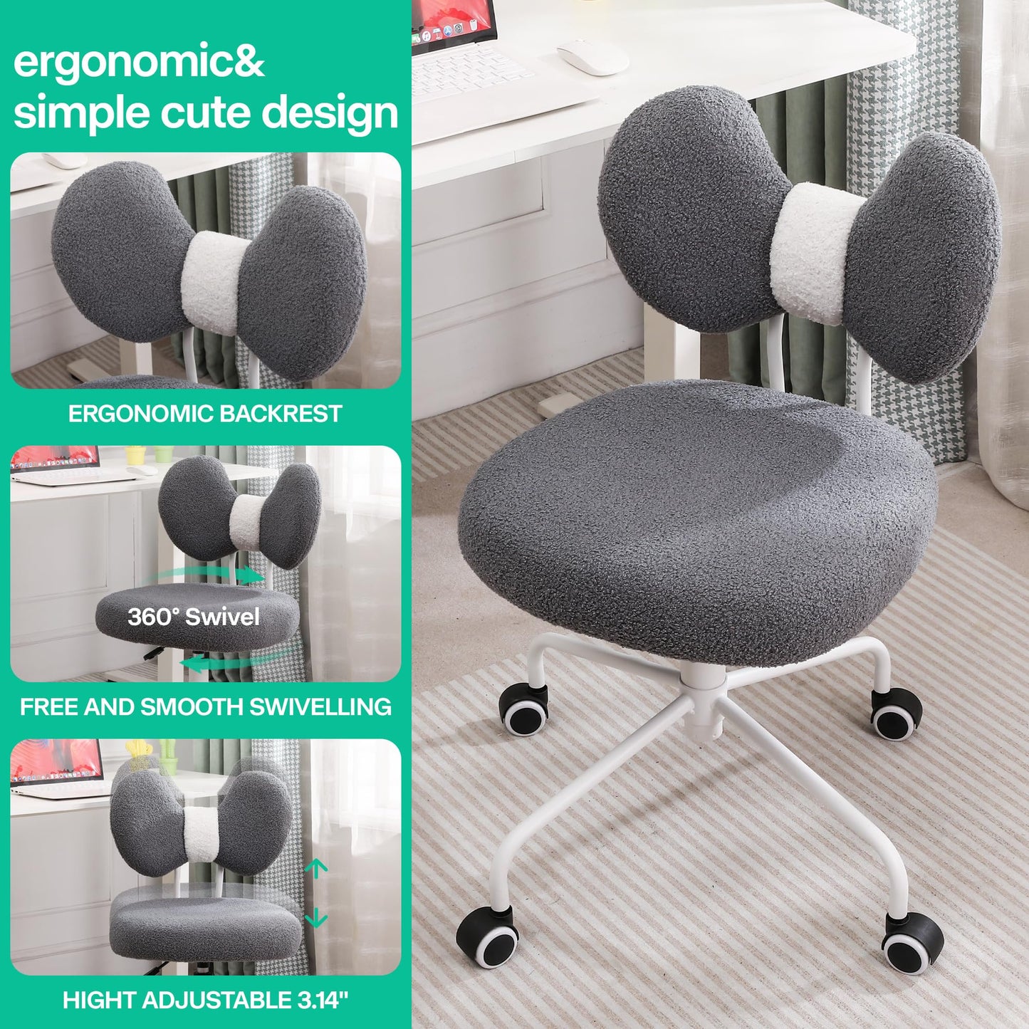 Shiepu Cute Desk Chair with Back,Comfy Small Office Chair with Wheels, Armless Adjustable Rolling Swivel Computer Chair for Home Office,Make-up Room,Bedroom,Vanity Chair for Girls,Teddy Velve,Grey