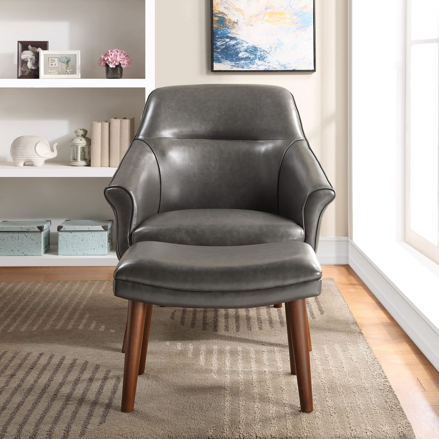 OSP Home Furnishings Waneta High Back Chair and Ottoman with Medium Espresso Legs, Pewter Faux Leather