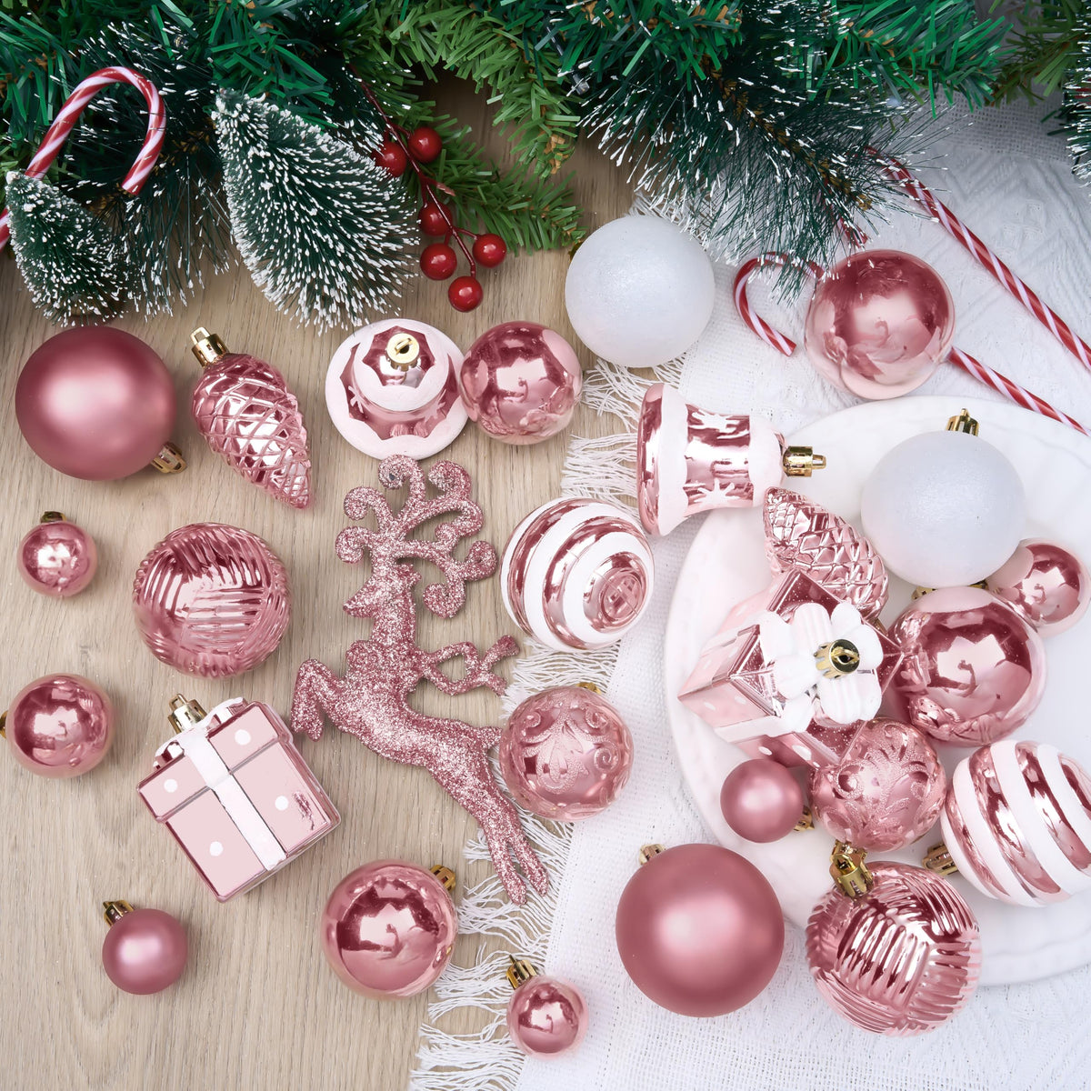 Joiedomi 66 Pcs Pink Christmas Balls Ornaments Set, Christmas Tree Ornaments Shatterproof Plastic for Xmas Hanging Decoration, Holiday Party Decoration
