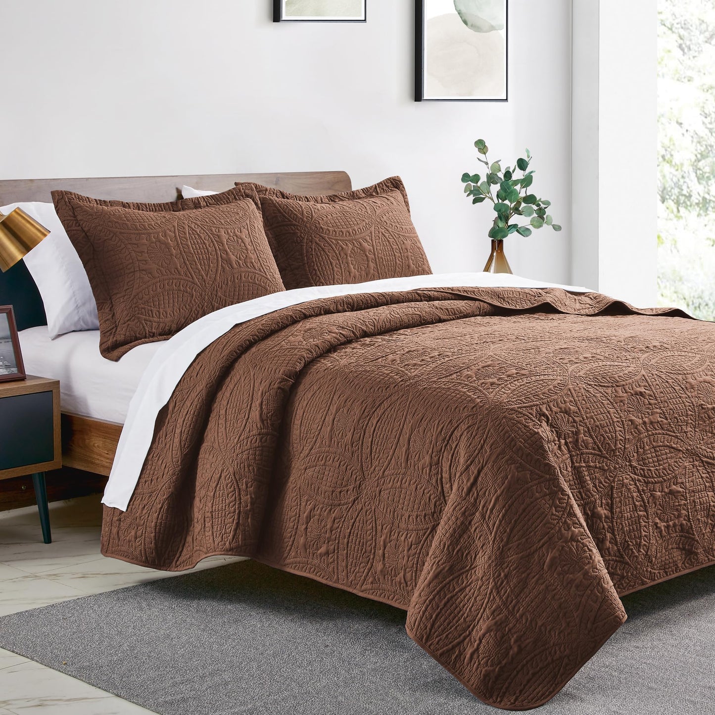 Love's cabin Quilts for Queen Bed Brown Bedspreads Bedding Set - Lightweight Bedspread Comforter - Coin Pattern Bedding Coverlet for All Season - 3 Pieces (1 Quilt, 2 Pillow Shams)