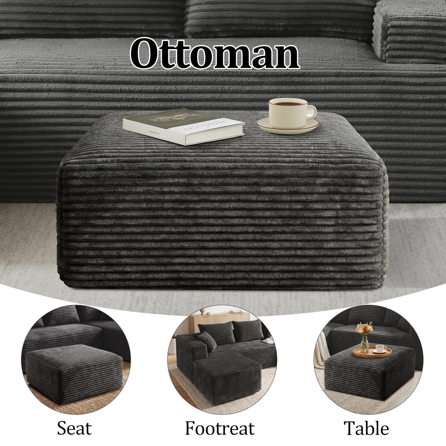Corduroy Ottoman, Modern Boneless Cloud Foot Rest Foam Support, Oversized Modular Sectional Sofa Stool for Living Room, Bedroom & Small Spaces, No Assembly Required (Drak Gray, Ottoman)