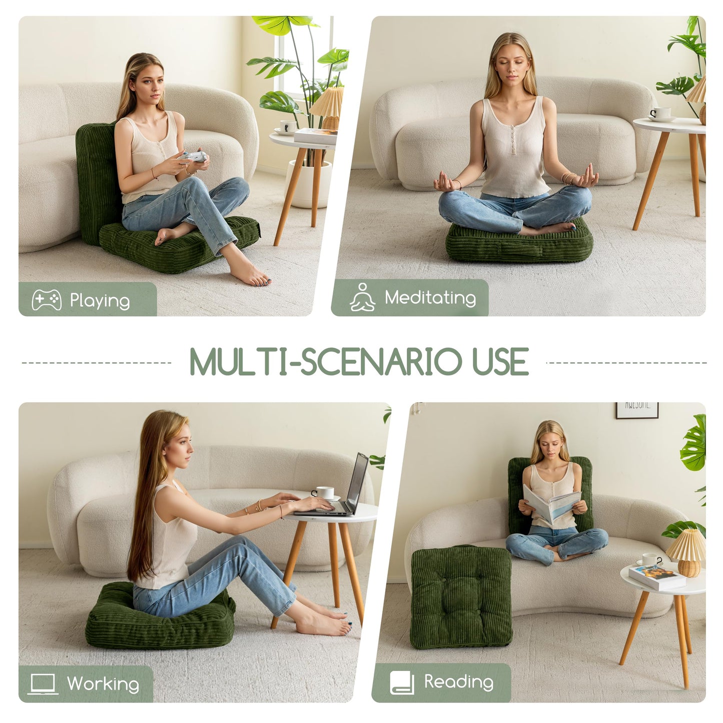 HIGOGOGO Floor Pillow Cushion for Adults, Meditation Cushion Pillow, Large Square Floor Sitting, Tufted Corduroy Cover, for Tatami Living Room or Yoga, Dark Green