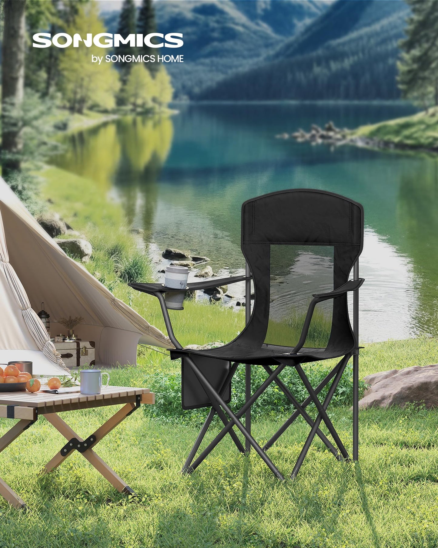 SONGMICS 2 Pack Breathable Camping Chairs, 330 lb Capacity Foldable Outdoor Chairs, High Back, Adjustable Armrests & Cup Holder, for Sports Garden Backyard, Ink Black UGCB028B02