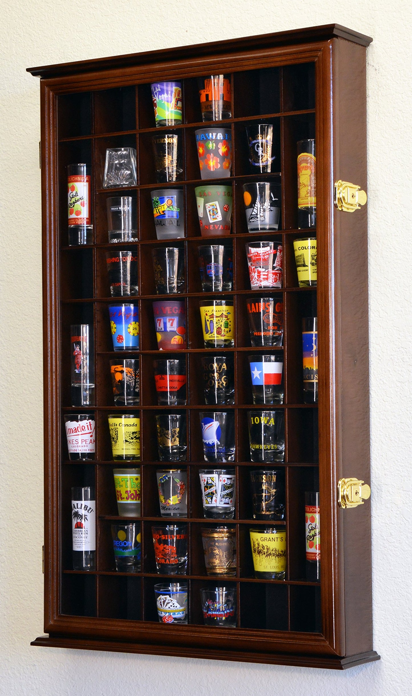 54 Shot Glass Shotglass Shooter Display Case Holder Cabinet Wall Rack w/UV Protection -Walnut