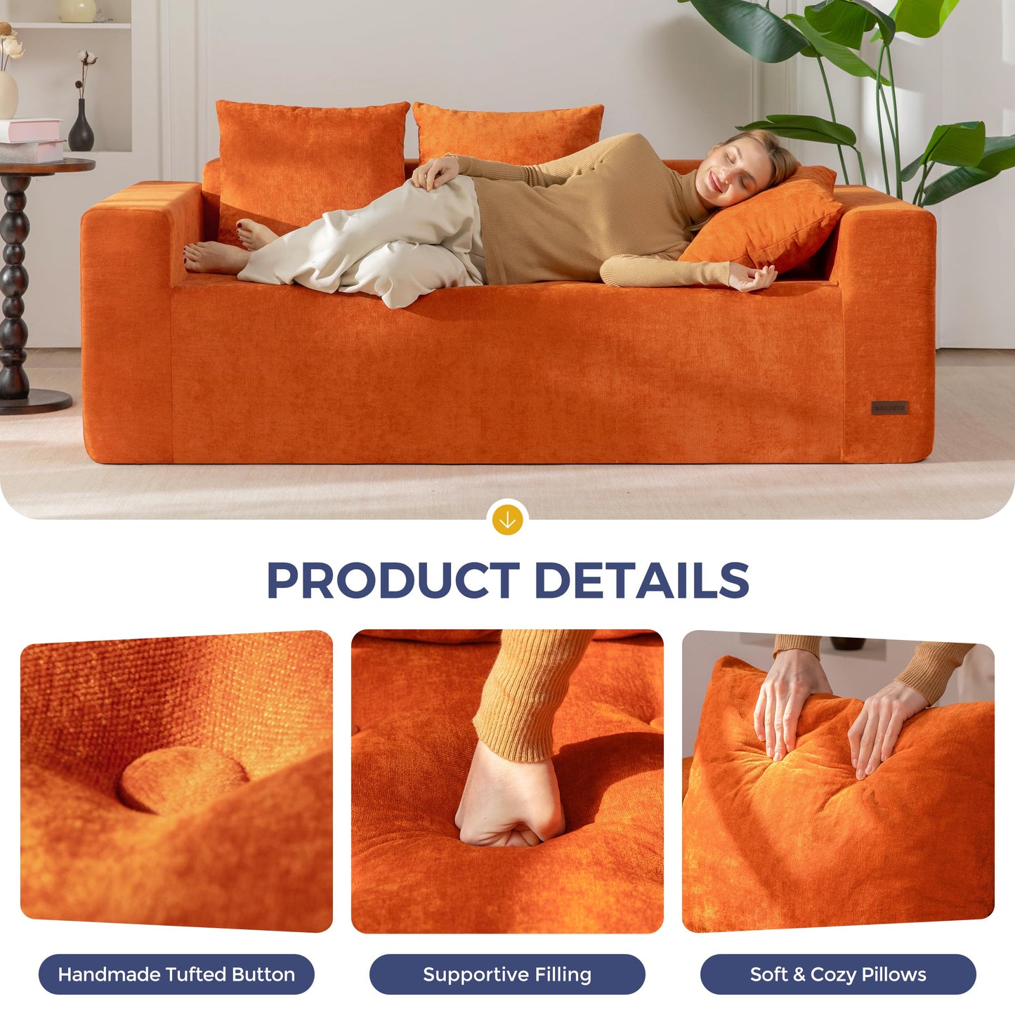 MAXYOYO Modular Sofa Couch, 75" Oversized Loveseat Boneless Cloud Couch with Deep Seat, Chenille Upholstered Living Room Comfy Sofa Chair for Living Room, No Assembly Required, Orange