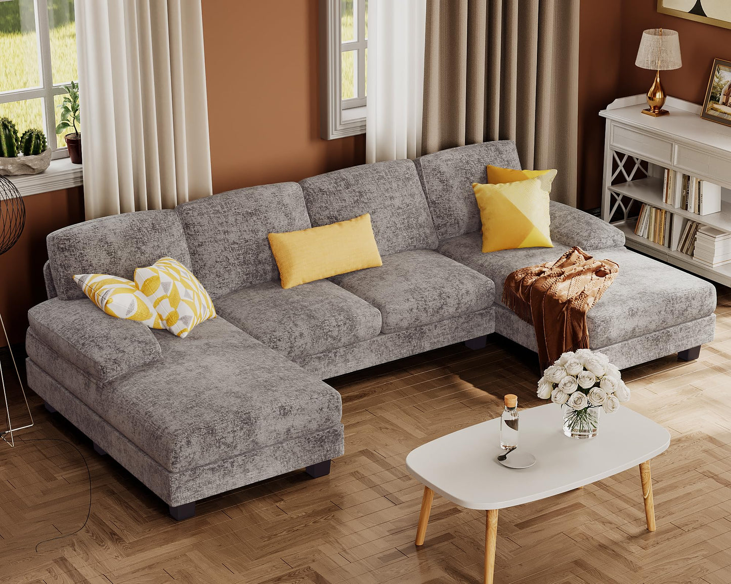 Furmax Sectional Couches for Living Room, U-Shaped Sofa Couch with Linen Fabric, 4 Seat Sofa Set with Double Chaise for Apartment (Chenille, Grey)