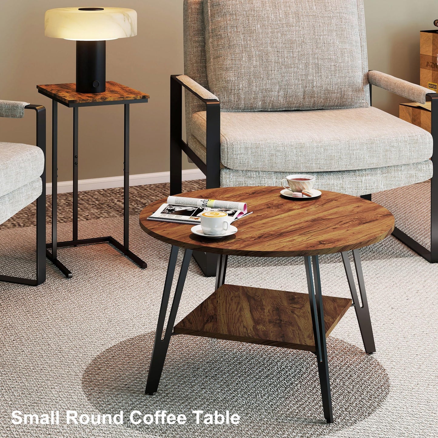 Manora Round Coffee Table, Modern Wood Round Center Table with Storage Shelf, Small Circle Coffee Table for Living Room, Home Office, Small Space, Apartment, Rustic Brown