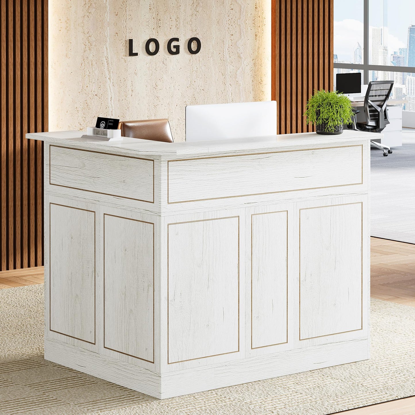 Tribesigns Reception Desk with Storage Shelves, L-Shaped Modern Front Desk, Reception Counter Table for Small Office, Salon, Checkout, White