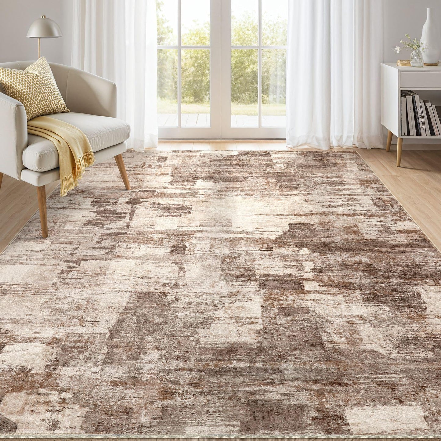 kakania 6x9 Washable Area Rug - Abstract Soft Non-Slip Modern Low-Pile Carpet for Living Room Bedroom Office Dorm, Kid Pet Safe Robot Vacuum Friendly - Brown