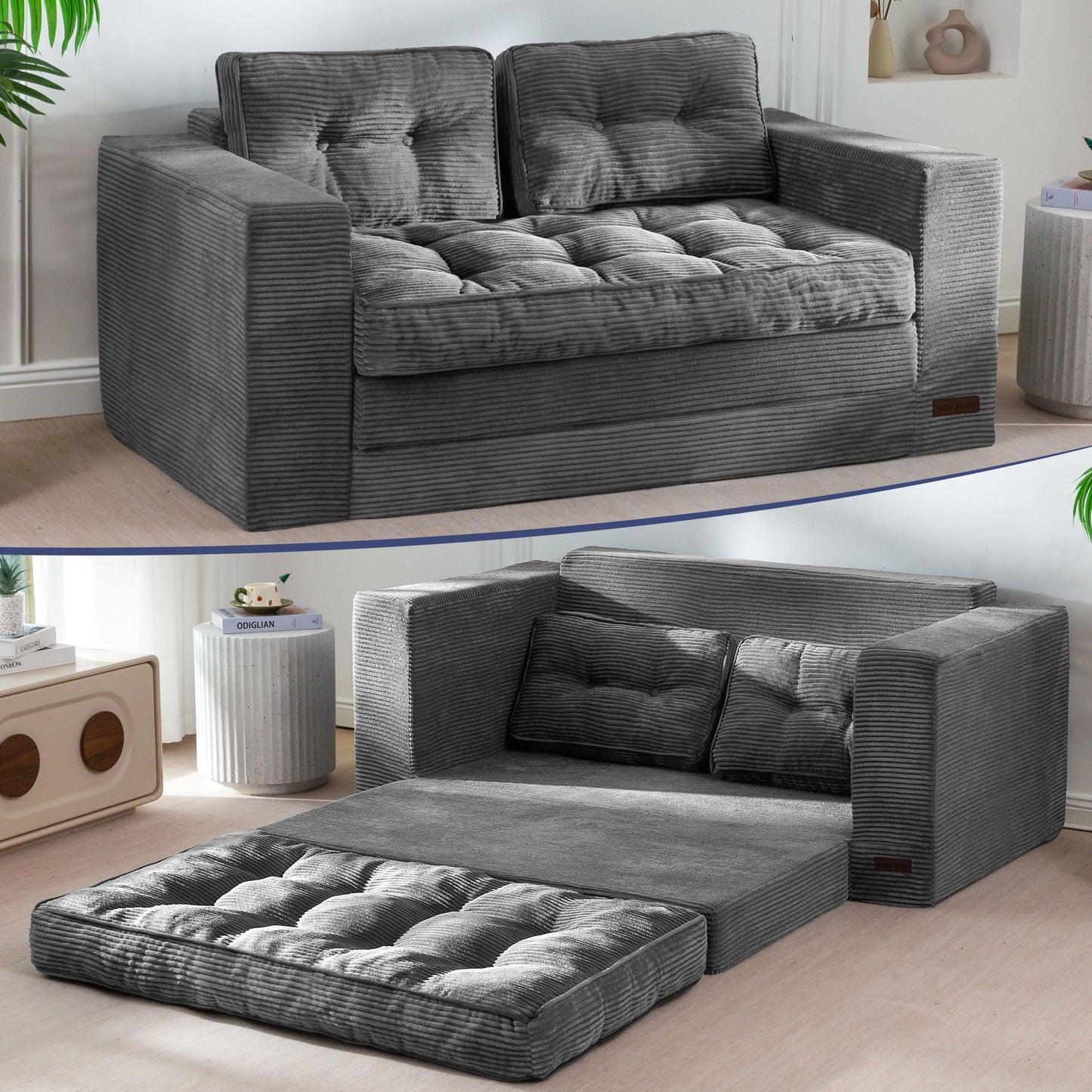MAXYOYO Convertible Sofa Bed, Loveseat Sofa Couch for Adults, 2 in 1 Folding Couch Bed, Fold Out Floor Couch for Living Room Bedroom Lounge, Dark Grey