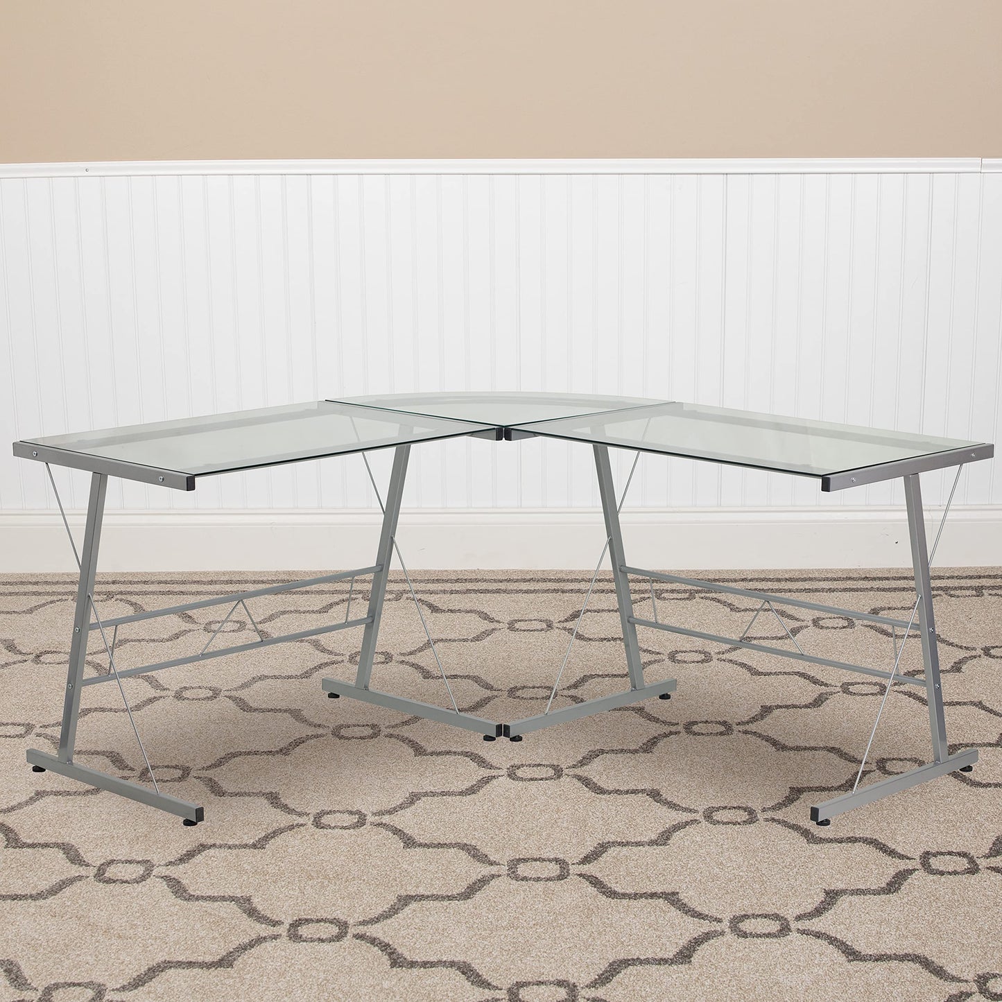 Flash Furniture Glass L-Shape Computer Desk with Silver Metal Frame