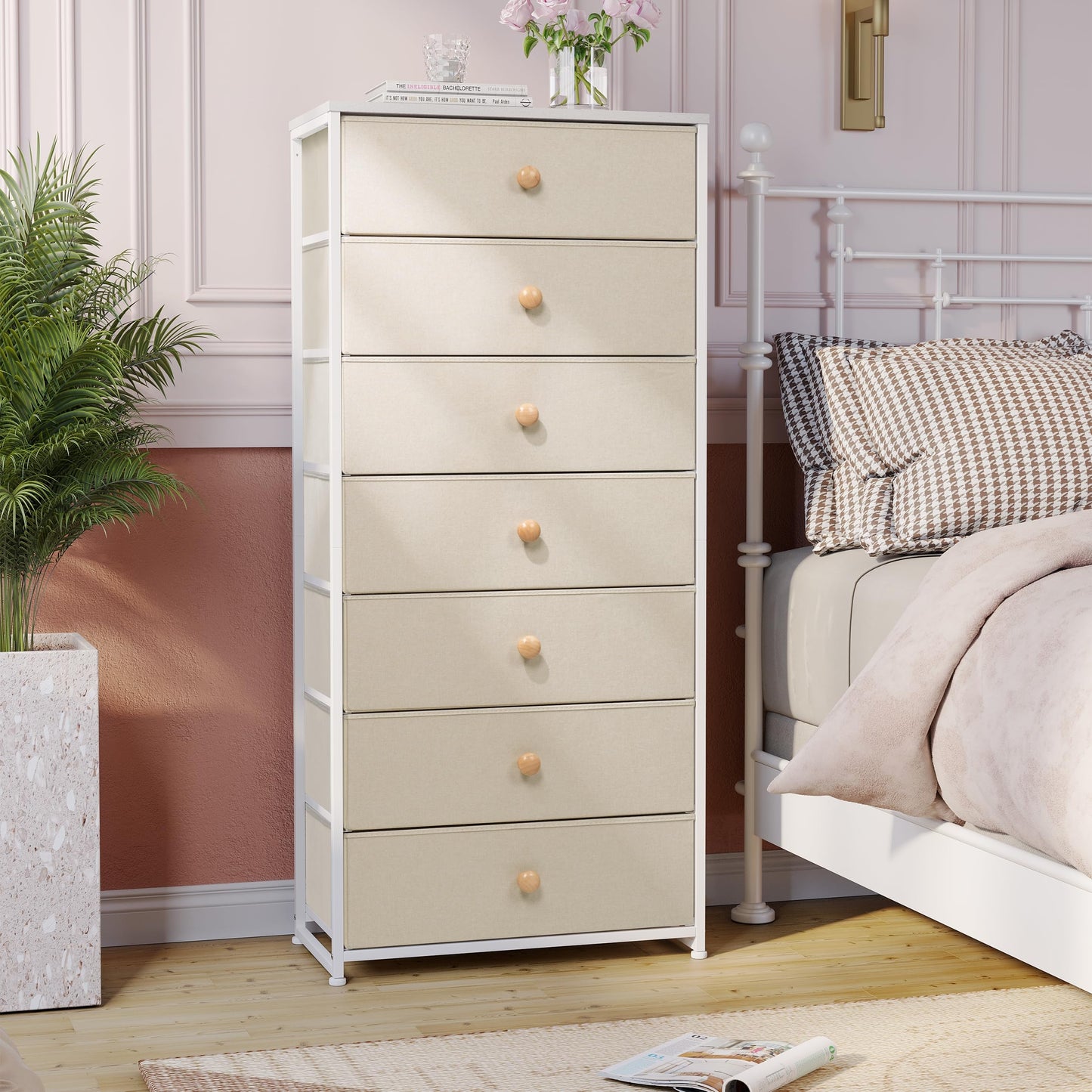 Crestlive Products Tall Dresser, 7-Drawer Wide Fabirc Storage Tower, Chests of Drawers - Vertical Organizer Unit for Bedroom, Hallway, Entryway, Nursery, Wood Top, Closets with Handles (Beige)