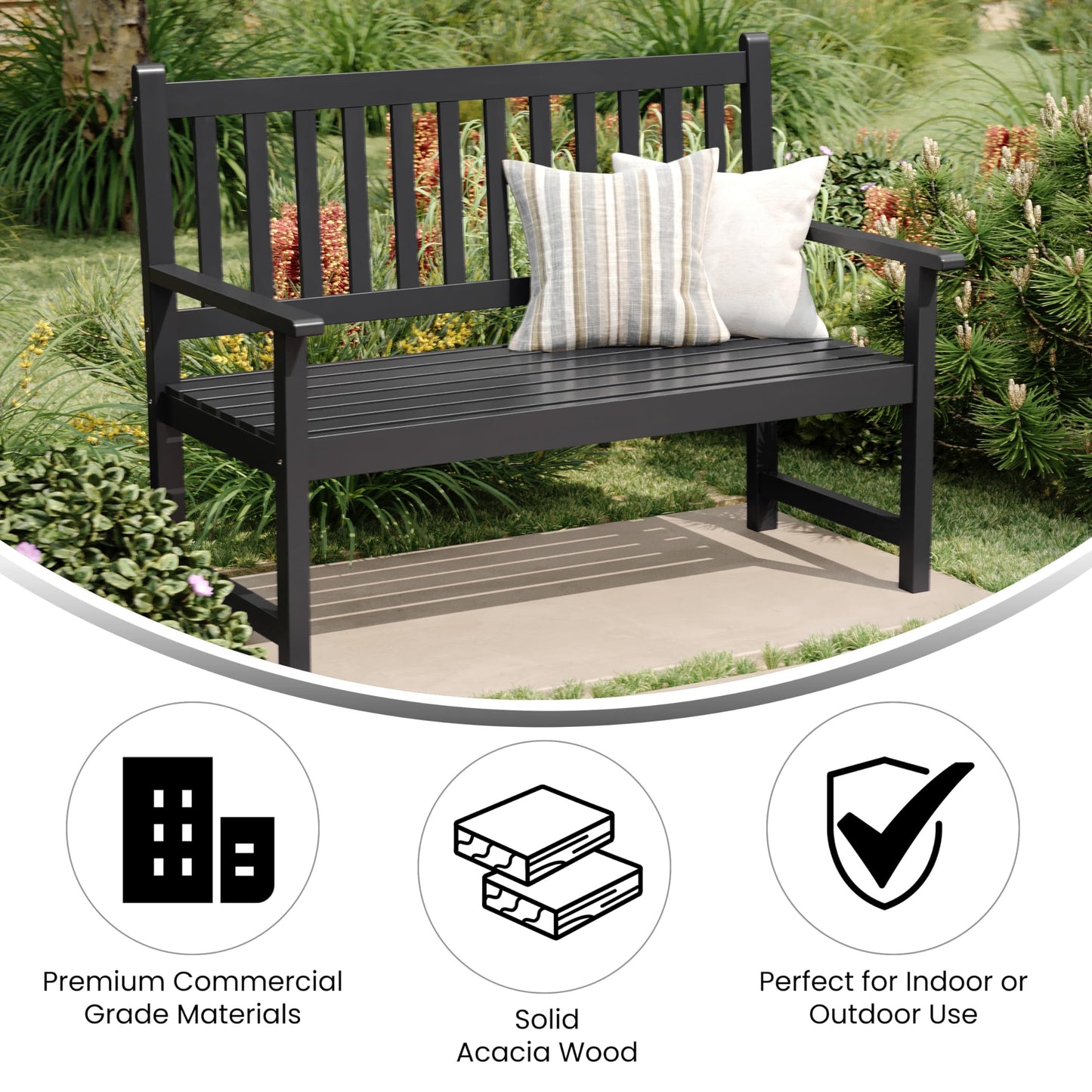 Flash Furniture Adele Commercial Indoor/Outdoor Acacia Wood Bench, 2-Person Slatted Patio Loveseat, for Use in Yard, Garden, Porch, or Park, Black