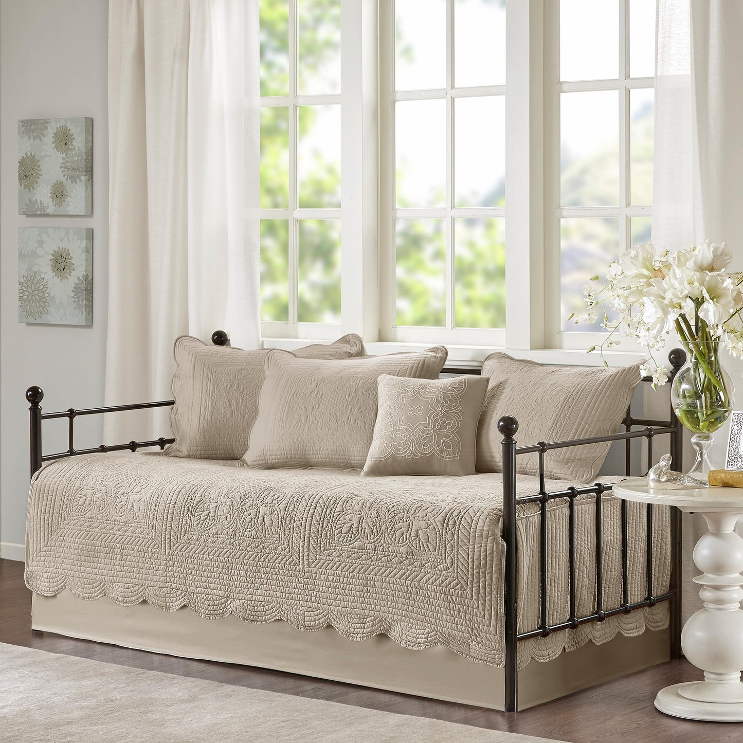Madison Park Daybed Cover Set Damask Quilted Cover for Daybeds, All Season, Pre-Washed Cotton-Filled Coastal Bedding with Scallop Edge, Shams, Bedskirt, Décor Pillows, Tuscany, Daybed Khaki 6 Piece