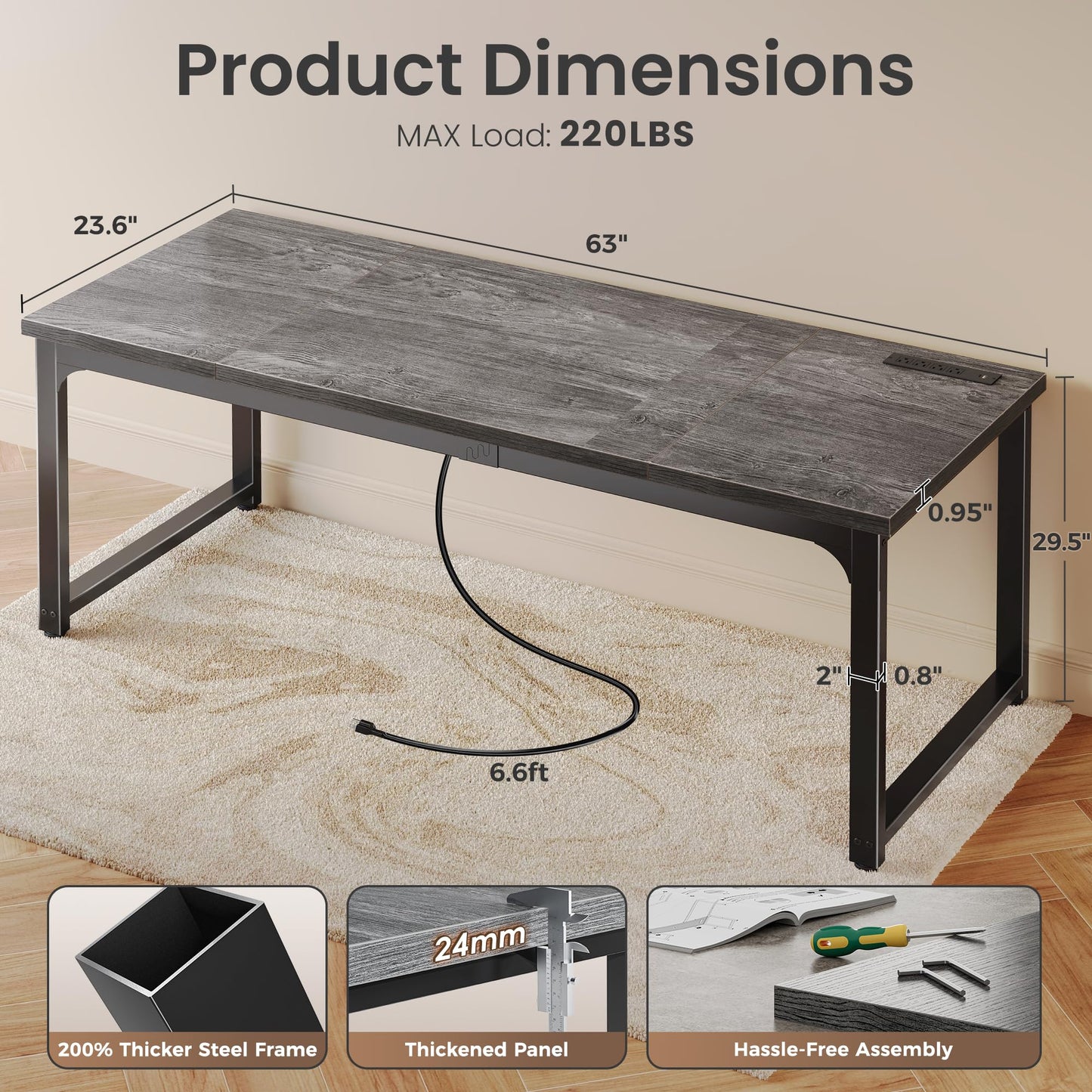 Huuger 63 x 24 inch Desk with Power Outlets & USB-C, Deeper & Thicker Desktop, Robust Metal Tubes, Computer Desk, Heavy Duty Office Desk, Work Gaming Desk, for Home Office, Grey