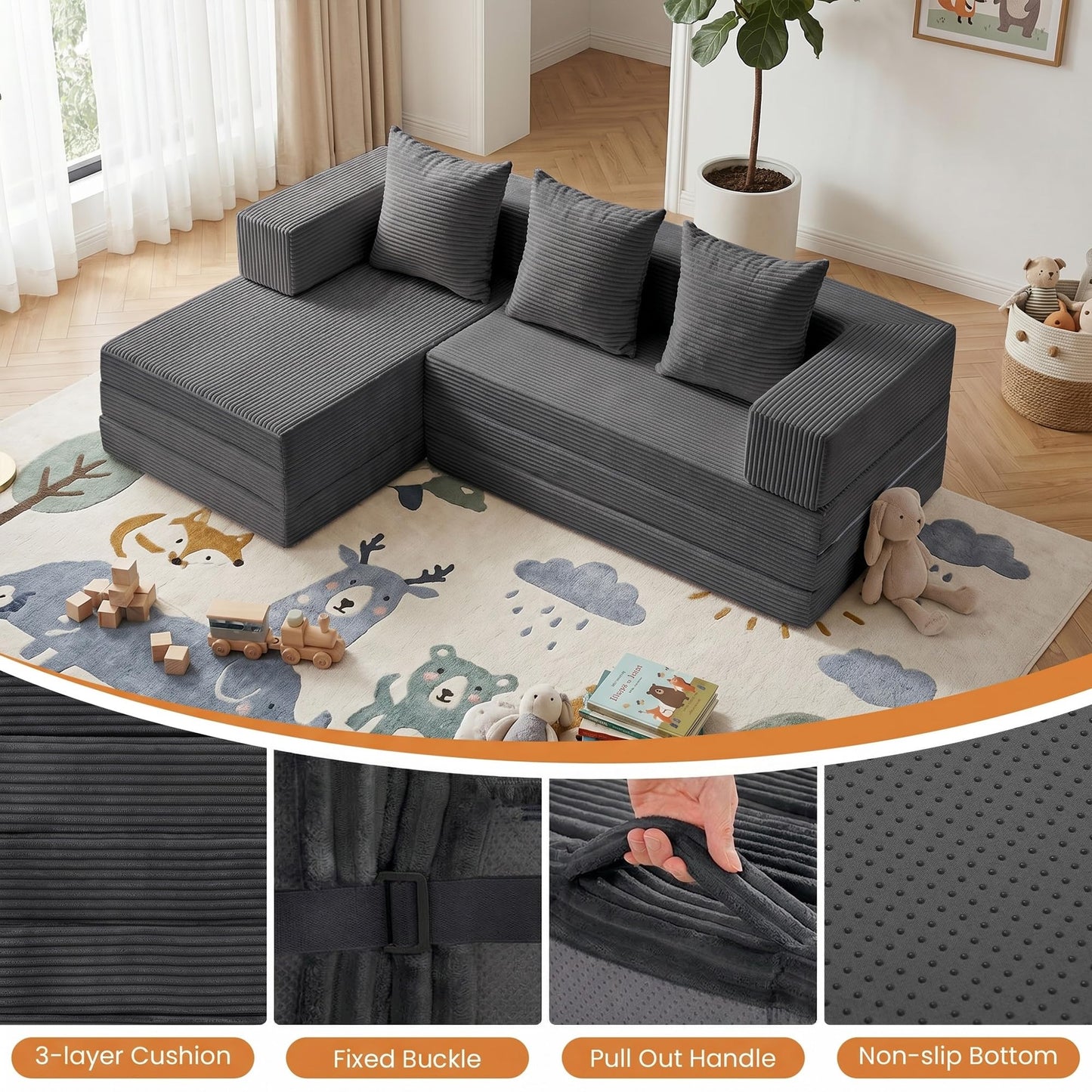 Boneless Couch Small,Convertible Sleeper Sofa Bed, Modular Sectional Sofa, Modern Tri-Folding Cloud Couch with L-Shape Chaise, Corduroy Futon Couches for Small Spaces Apartment,No Assembly