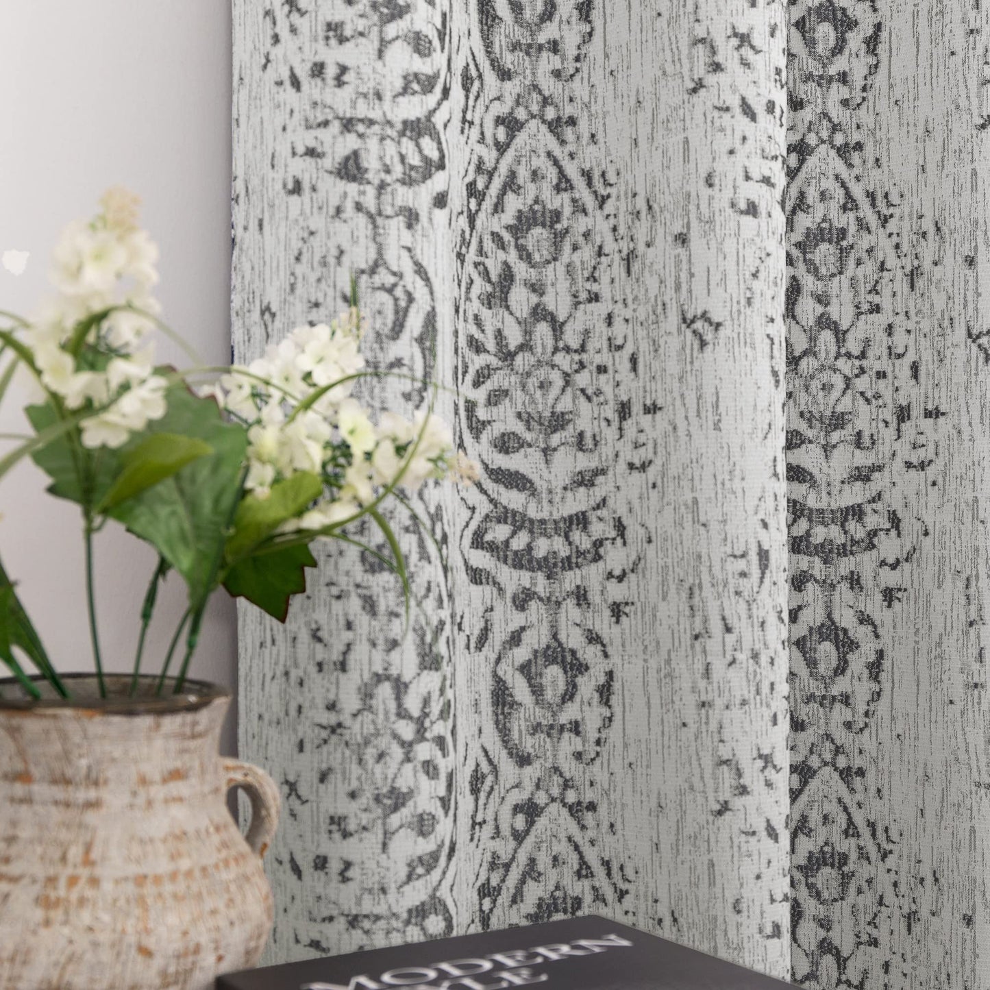 Mrs.Naturall 108 Inch 9FT Farmhouse Room Darkening Curtains, Damask Jacquard Luxury Grommet Drapes for Living Room Bedroom, 2 Panels Set, 9 FT Length 52'' L x 108'' W, Grey and White